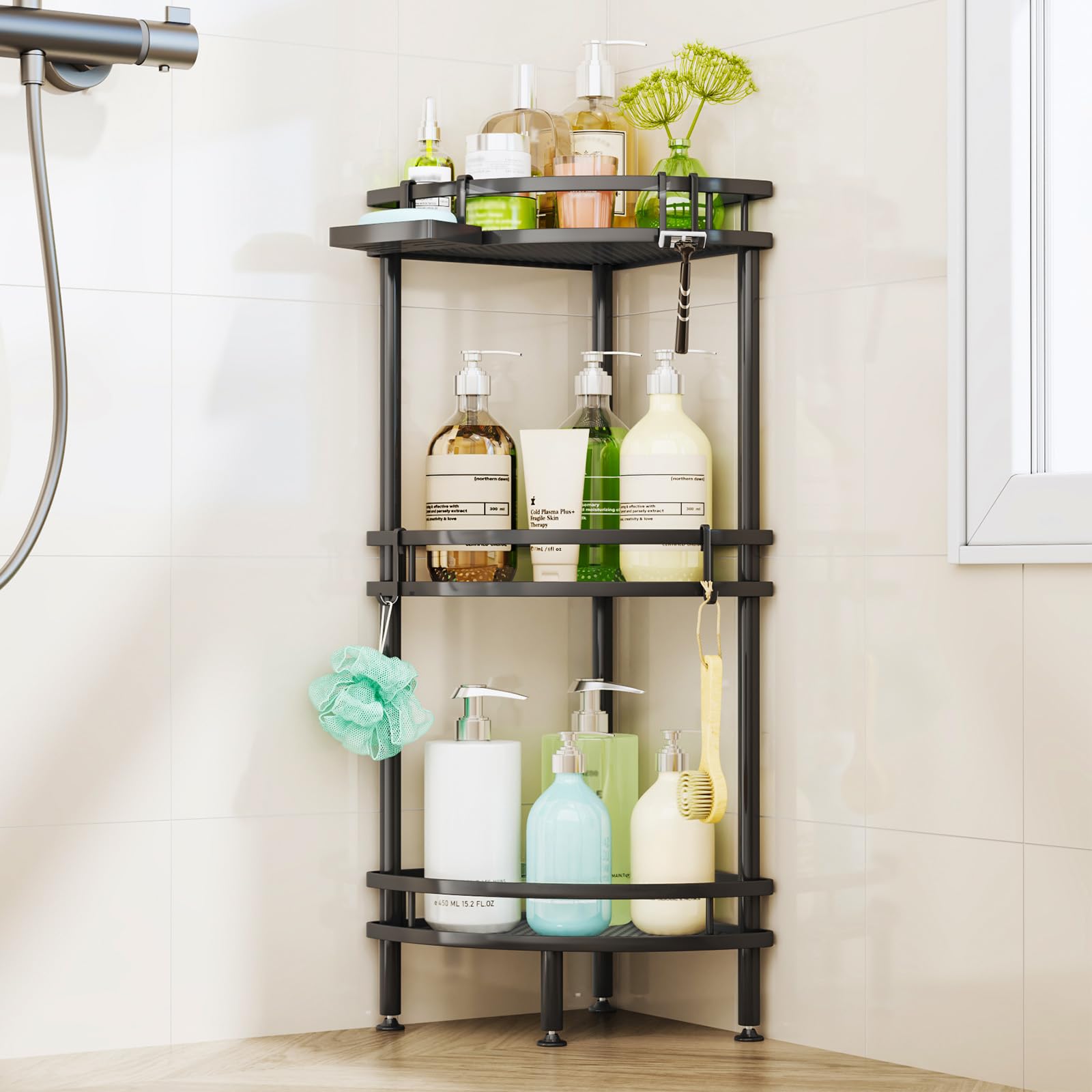 HapiRm Standing Shower Caddy Corner - 3 Tier Corner Shower Shelves with Soap Holder and 4 Hooks, Rustproof Shower Organizer Corner with Adhesives, Black