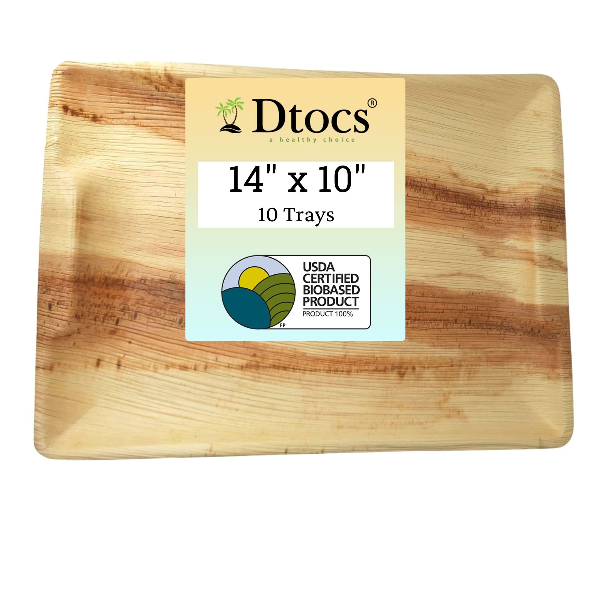 Dtocs Disposable Charcuterie Boards 14x10 Inch (10 Pcs) | Wooden Serving Tray Look Palm Leaf Platters for Food Appetizers, Parties, Catering | Microwavable Serving Platters Alt to Paper, Bamboo