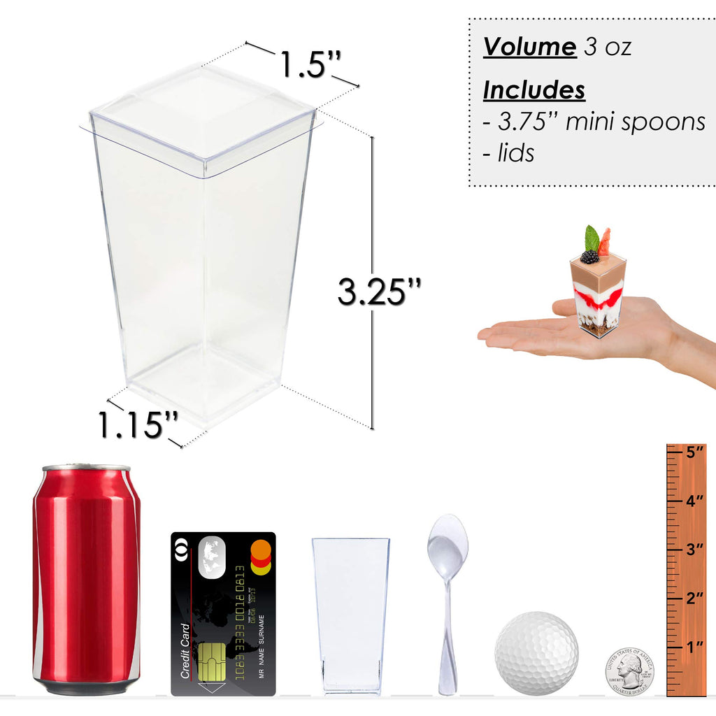 DLux 100 x 3 oz Mini Dessert Cups with Spoons and Lids,Square Tall- Clear Parfait Appetizer Cup Small Reusable Serving Bowl for Party -with Recipe Ebook