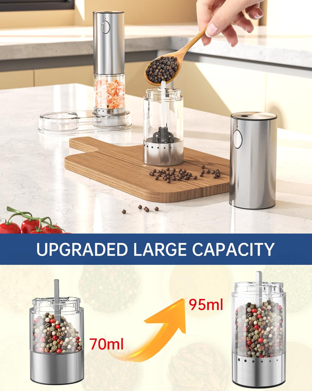 CIRCLE JOY Rechargeable Salt and Pepper Grinder Set with 6 Levels External Coarseness Adjustment, Stainless Steel Electric Salt Shaker and Dustproof Storage Base, 95ml Container, Led Light