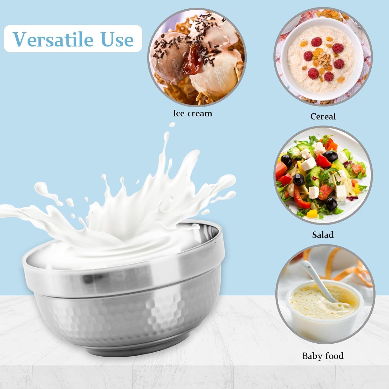 ZENFUN 6 Pack 18/8 Stainless Steel Bowls, 17 Oz Soup Bowl Double-Walled Insulated Bowls, 5 Inch Snack Cereal Bowl for Rice, Fruit, Salad Ice Cream, Food-Grade