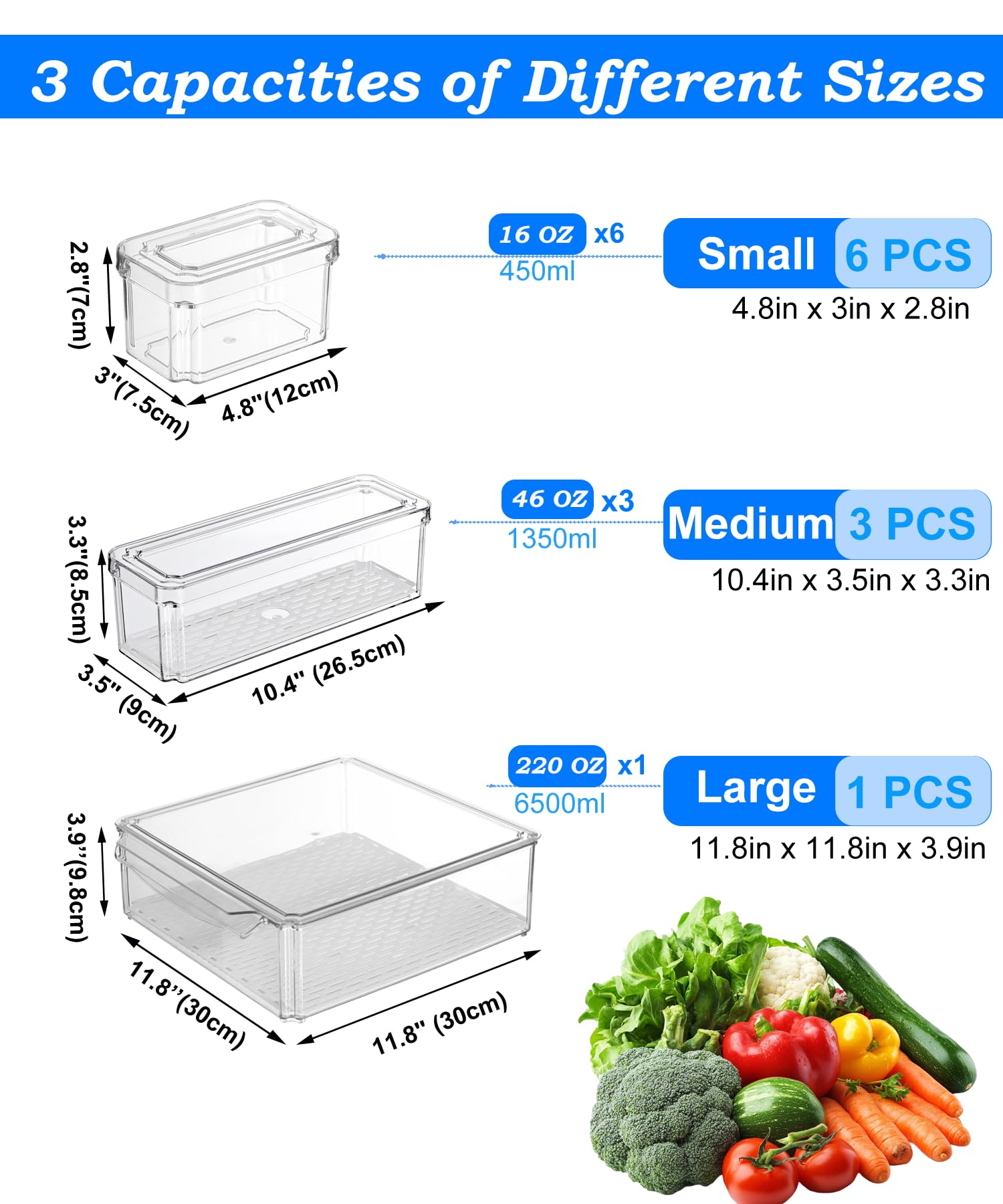 Pure Future 10-Pack Fridge Organizers and Storage with Lids - Clear Plastic Refrigerator Bins with Drain Trays - Stackable Produce Saver for Fruit, Veggies and Pantry, BPA-Free