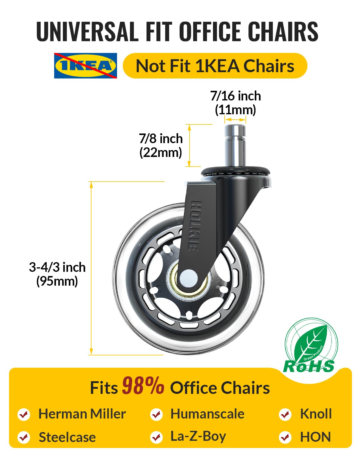 HOLKIE Office Chair Wheels 11x22mm 3 Inch Desk Roller Blade Caster Replacement for Office, Rubber Rollerblade Wheels-Set of 5 for Hardwood Floors Gaming Chair Wheels Smooth & Silence Gliding
