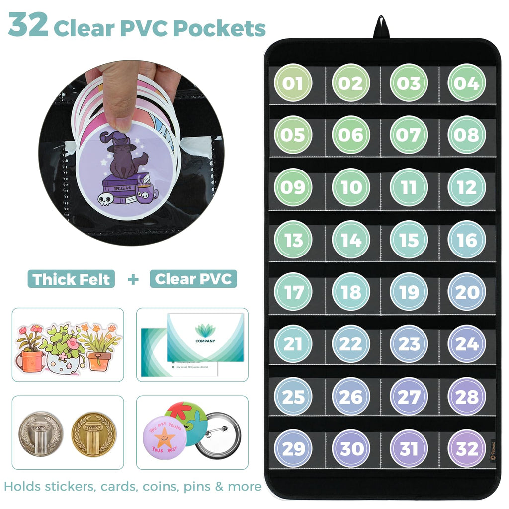 Portable Hanging Sticker Display Organizer – 32 Clear Pockets Wall-Mounted Felt Sticker Holder for Business Cards, Scrapbooking Supplies, Vendors & Crafters (Black)