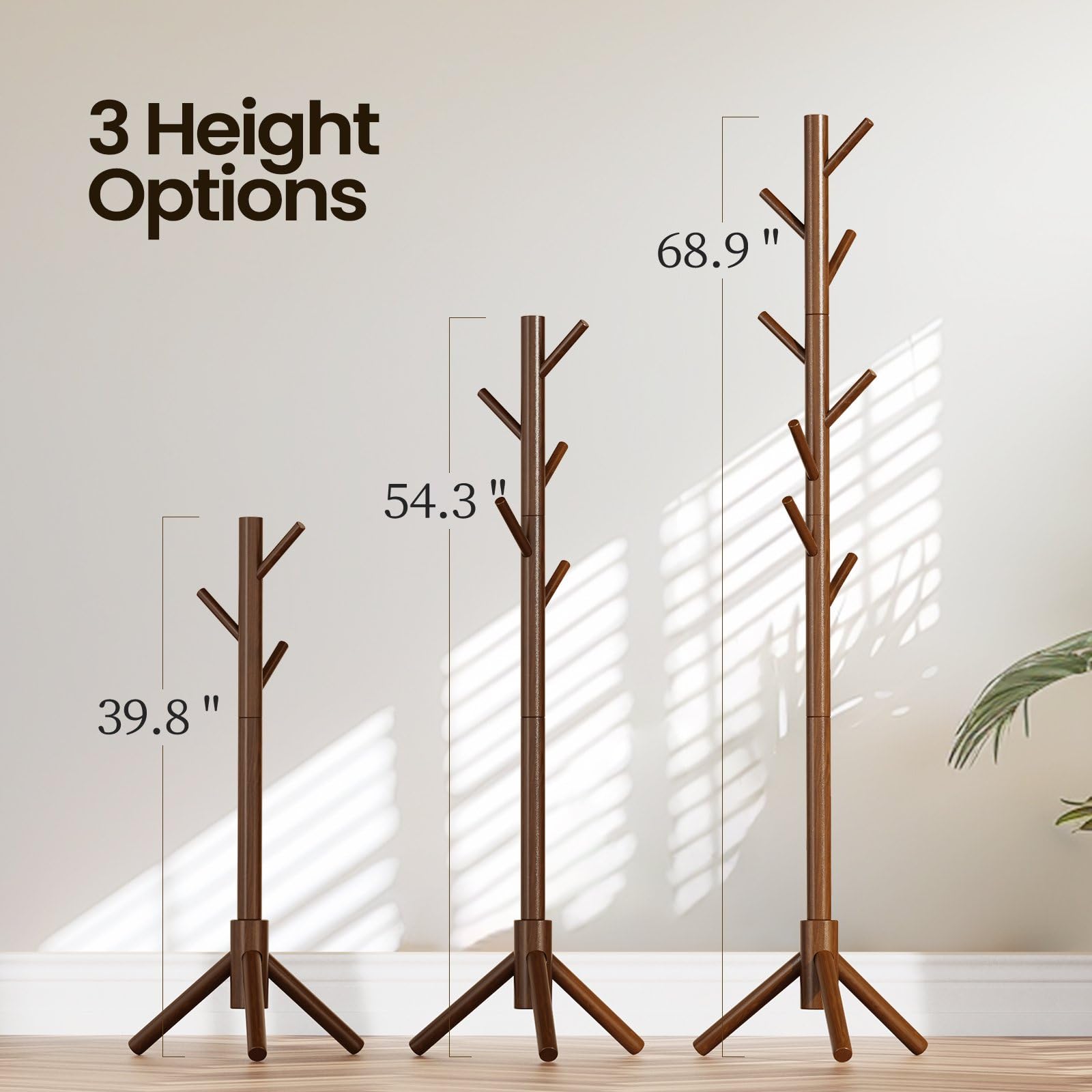 Livearty (TM) Wooden Coat Cloth Garment Hat Rack Stand, Adjustable Coat Tree, Free Standing Tree Hanger with 4 Sections & 8 Hooks for Home, Bedroom, Office, Hallway, Entryway, Apartment