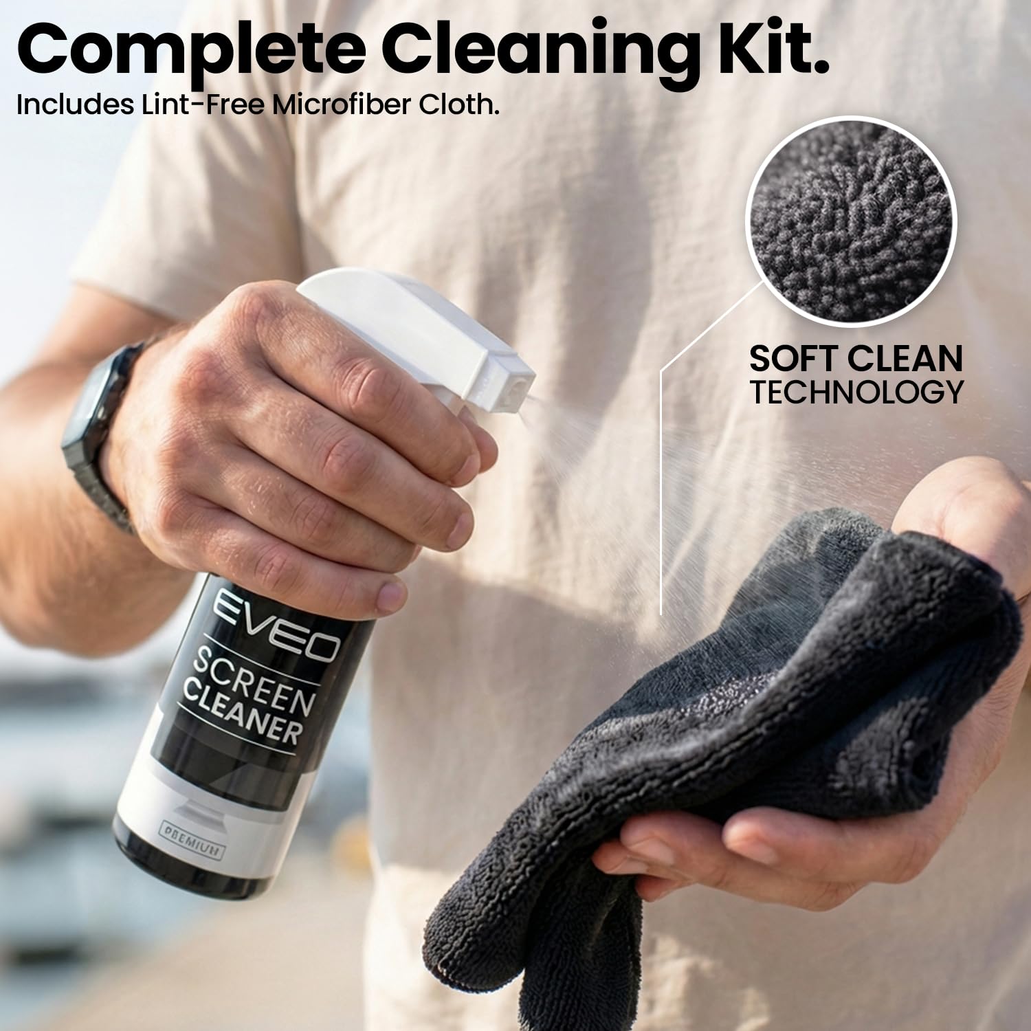 EVEO® Screen Cleaner Spray Kit (Streak-Free) TV Screen Cleaner for Smart TV, LCD, LED, OLED | Computer Cleaner Spray and Wipe Microfiber Cloth for, Monitor, Laptop, iPad, Car & More - 2 Pack