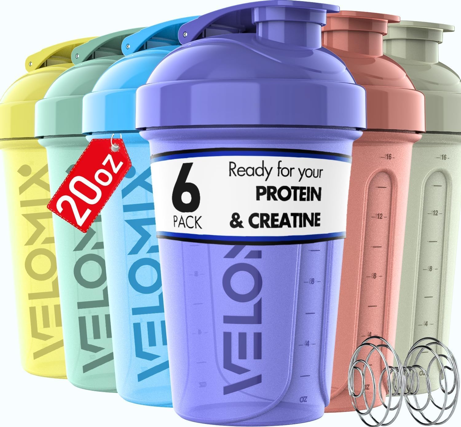 VELOMIX -6 PACK- 20 OZ Protein Shaker Bottles for Protein Mixes, Shaker Cups for Protein Shakes, Small Shaker Bottle Pack, Shaker Cup, Shaker Bottle Cups, Shakers for Protein Shakes