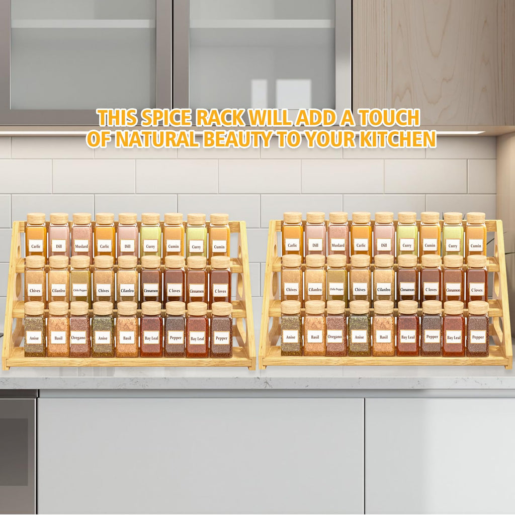 Spice Rack - Tiered Spice Rack Organization for Cabinet - 3 Tier Bamboo Display Spice Shelf for Countertop