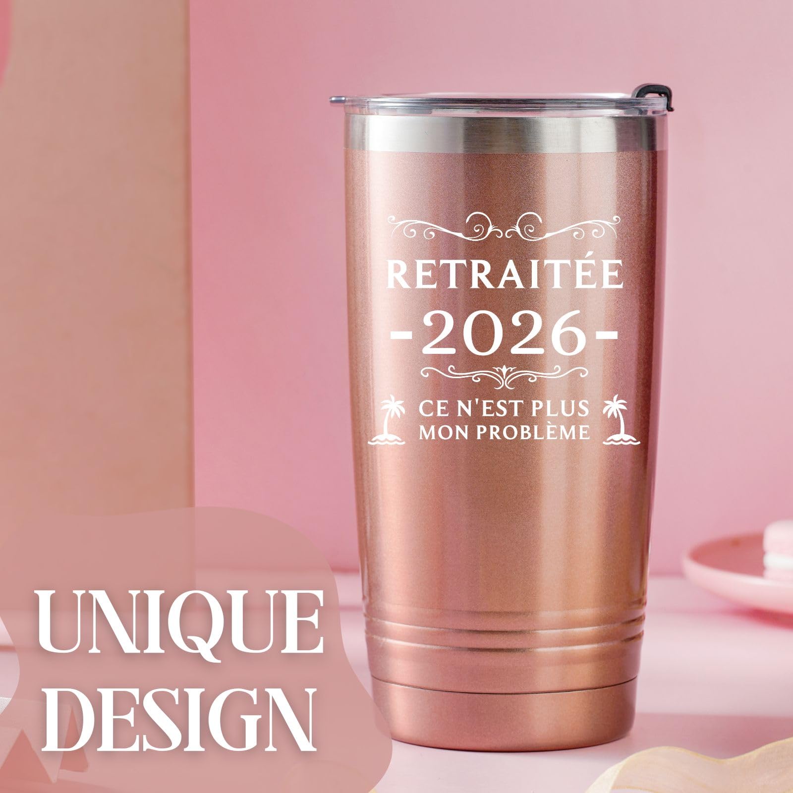 Onebttl Retirement Gifts for Women in French, Insulated 20oz Stainless Steel Travel Tumbler with Lid