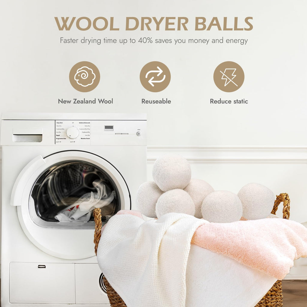 Wool Dryer Balls 6-Pack - Organic New Zealand Wool, XL Handmade Fabric Softener, Reduces Drying Time and Wrinkles, Eco-Friendly Reusable Laundry Solution