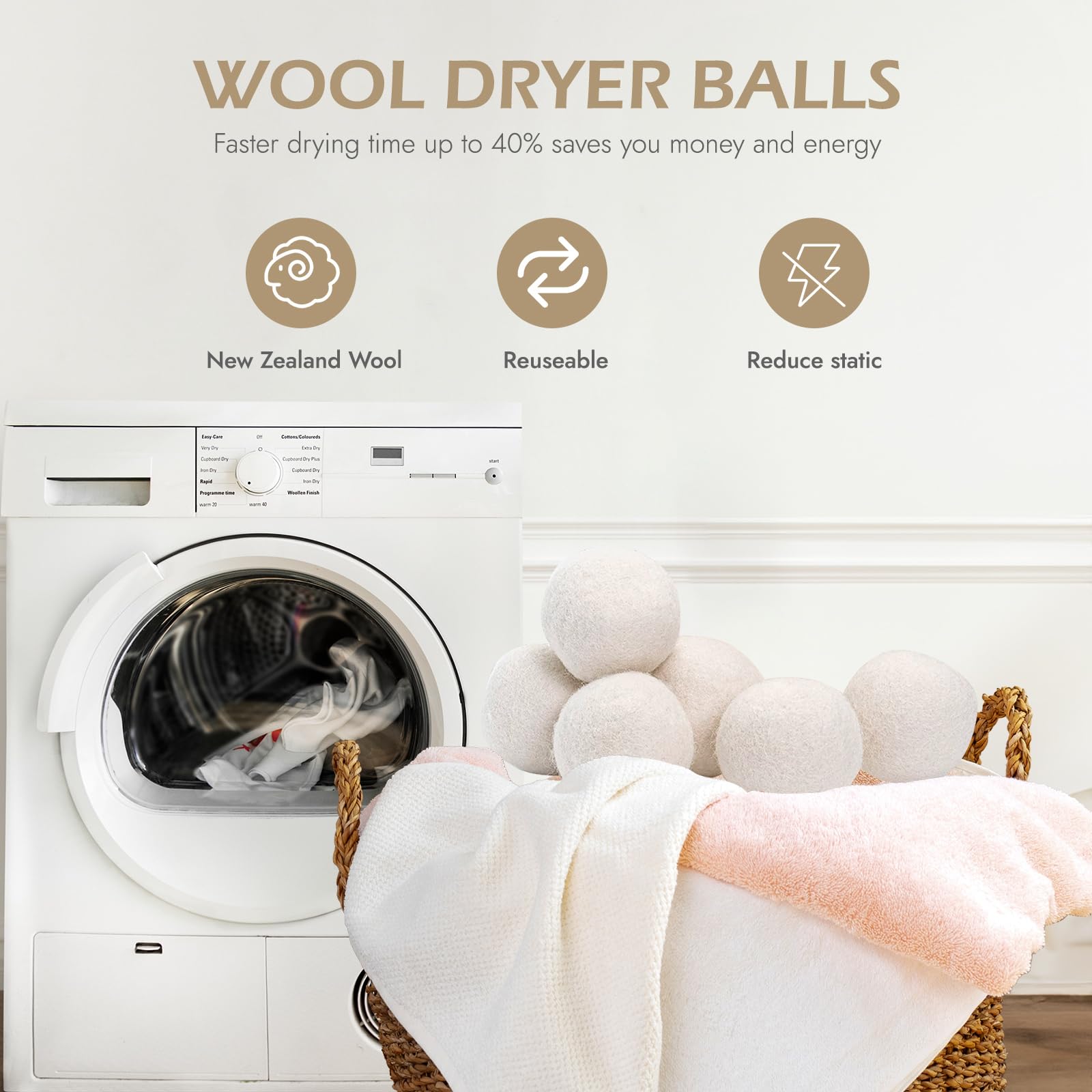 Wool Dryer Balls 6-Pack - Organic New Zealand Wool, XL Handmade Fabric Softener, Reduces Drying Time and Wrinkles, Eco-Friendly Reusable Laundry Solution