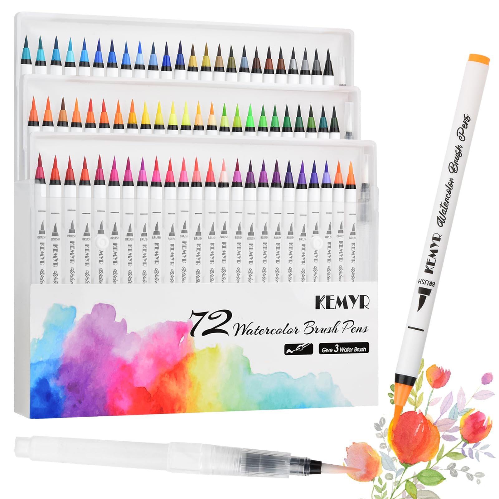 KEMYR Watercolor Markers with Brush Tips – 72 Rich Vivid Colors,3 Blender Pens Included for Smooth Blending, Watercolor Brush Pens Professional Art Supplies for Drawing, Coloring Books, Calligraphy