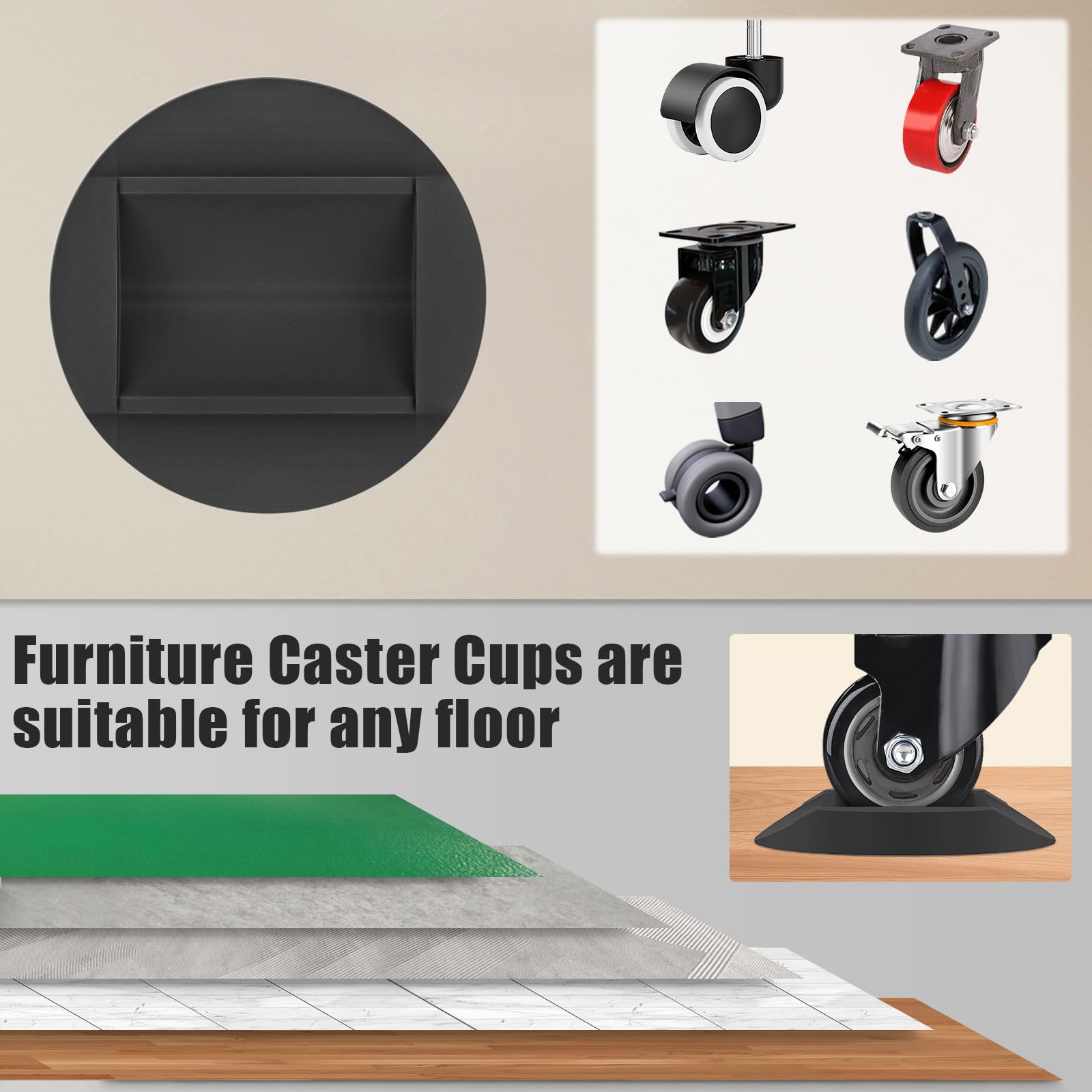 Furniture Stopper, 8 Pack 3"x3" Wheel Stoppers Bed Stoppers Furniture Caster Cups - Premium Solid Rubber Caster Cups Fits to All Floors & Wheels of Sofas, Beds, Chairs, Prevents Scratches