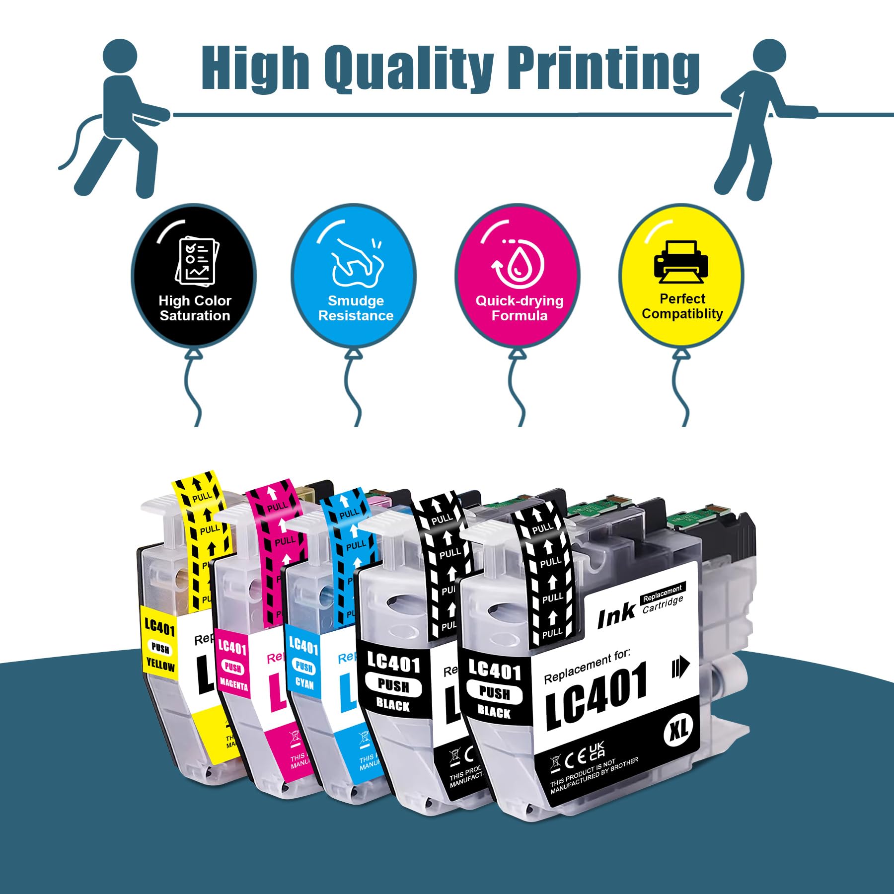 LC401 Compatible LC401XL Ink Cartridges for Brother Printer MFC-J1010DW MFC-J1012DW MFC-J1170DW (5 Pack LC401XL Ink Cartridges BK C M Y Replacements)