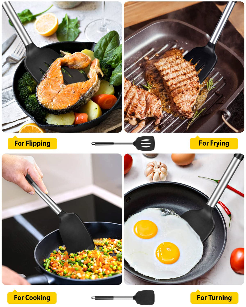 Pack of 2 Silicone Slotted Spatula,Non Stick Solid Kitchen Turner, High Heat Resistant BPA Free Cooking Utensils for Fish, Eggs, Pancakes（Black