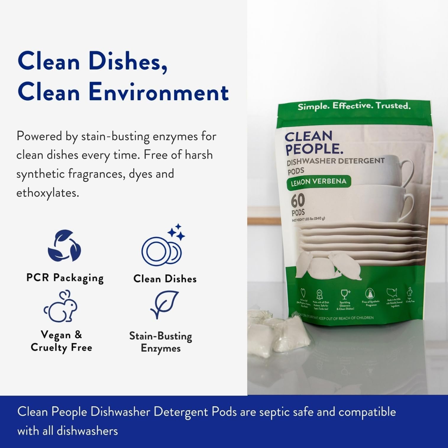 Clean People All Natural Dishwasher Pods - Cuts Grease & Rinses Sparkling Clean - Residue-Free - Phosphate Free Dishwashing Pods - Lemon, 60 Pack