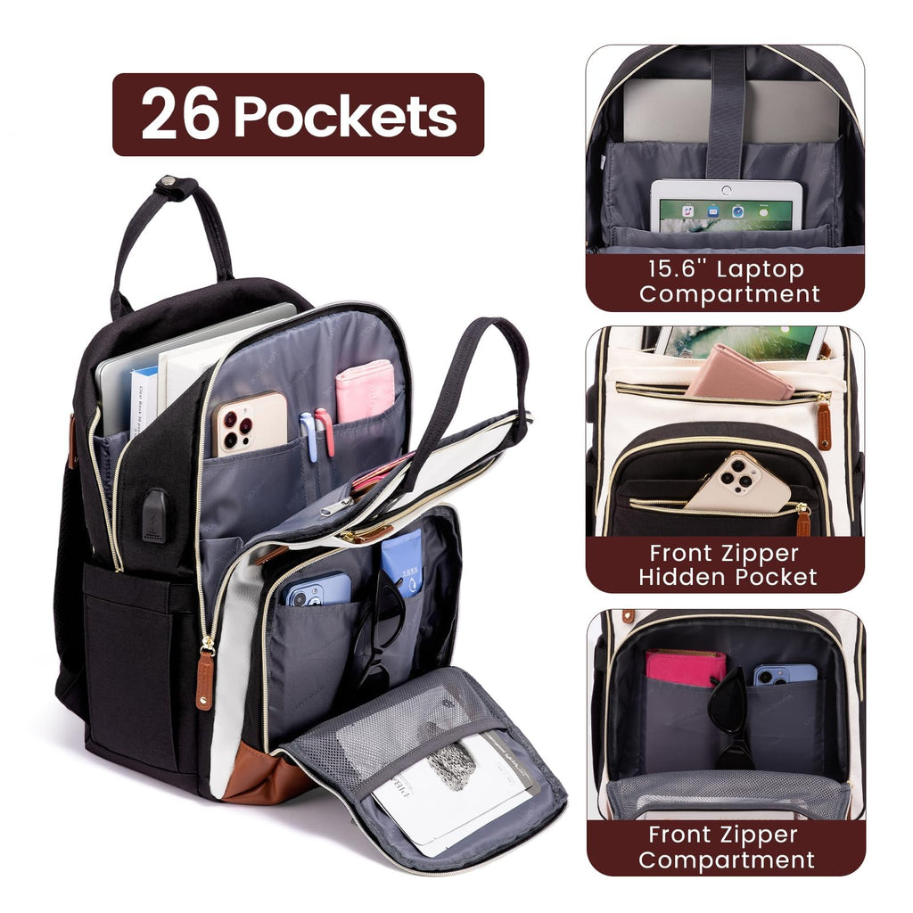 LOVEVOOK Laptop Backpack for Women, Travel Backpacks Work Bags, Backpack Purse, Business Computer Bags with USB, Waterproof, Fits 15.6 Inch Laptop Bag, Beige-Black-Brown