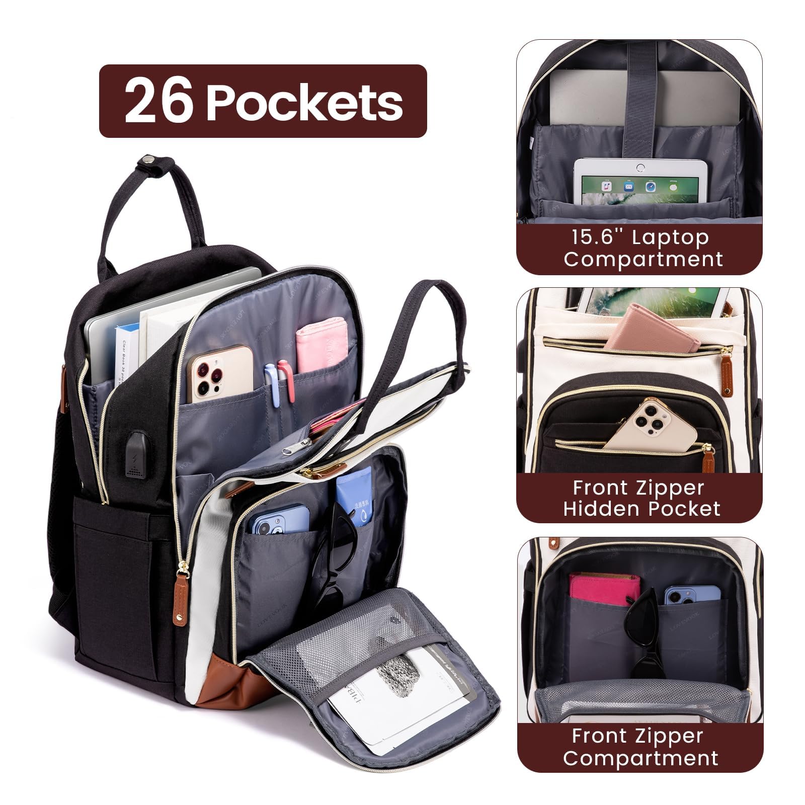 LOVEVOOK Laptop Backpack for Women, Travel Backpacks Work Bags, Backpack Purse, Business Computer Bags with USB, Waterproof, Fits 15.6 Inch Laptop Bag, Beige-Black-Brown