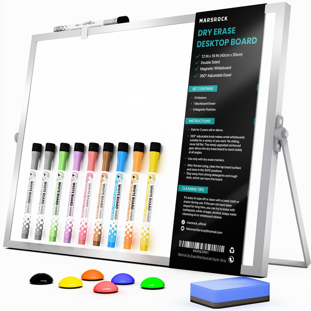 Dry Erase White Board with Stand, Double-Sided Weekly Whiteboard 16"x12", 10 Markers, 6 Magnets, 1 Eraser, Portable Desktop Whiteboard for Planning, Weekly Schedule Board for Home
