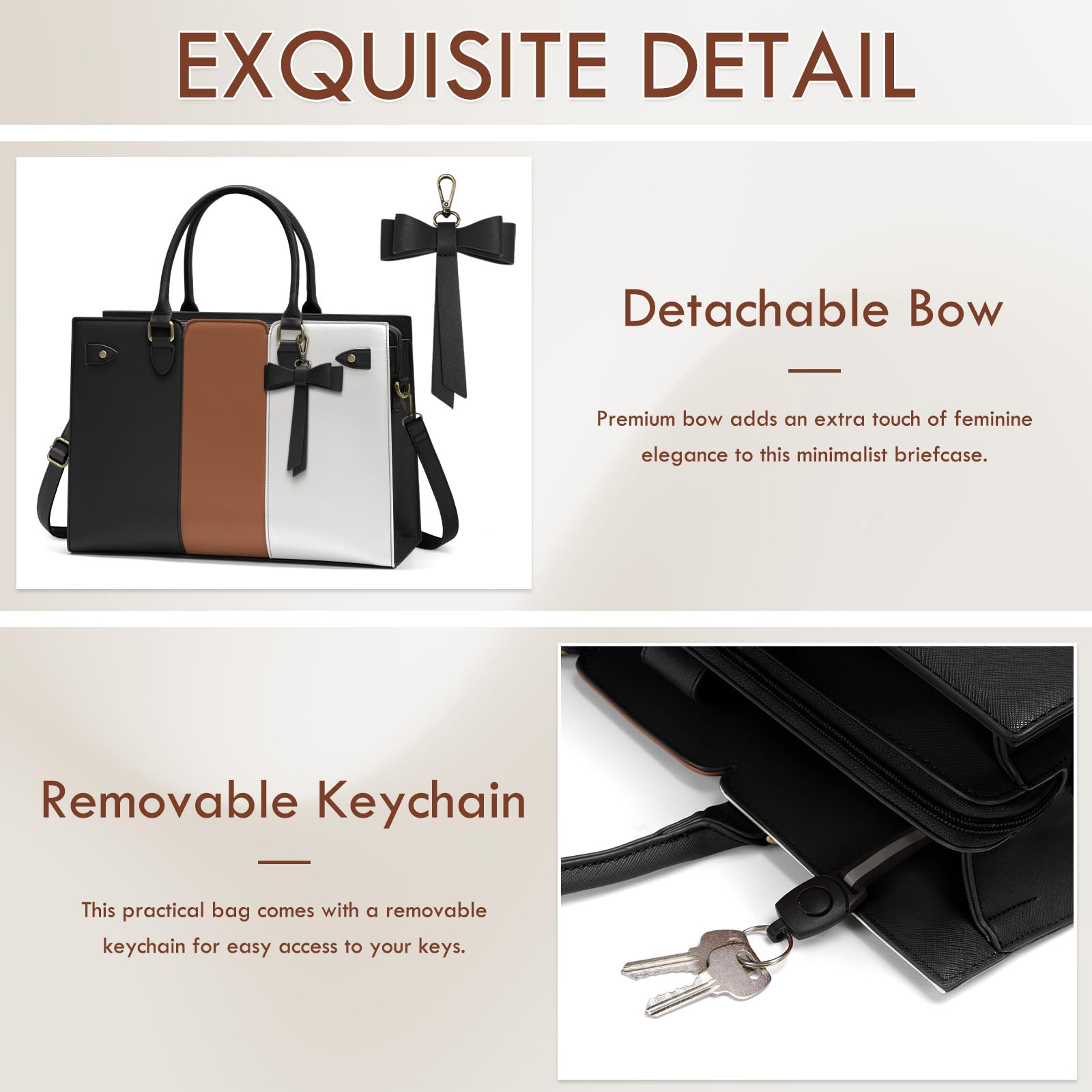 RAINSMORE Elegant Laptop Tote Bag Women 15.6 Inch PU Vegan Leather Computer Work Shoulder Bag Waterproof Briefcase For Business Casual Office Nurse Crossbody Bag With Bow Black & White & Brown