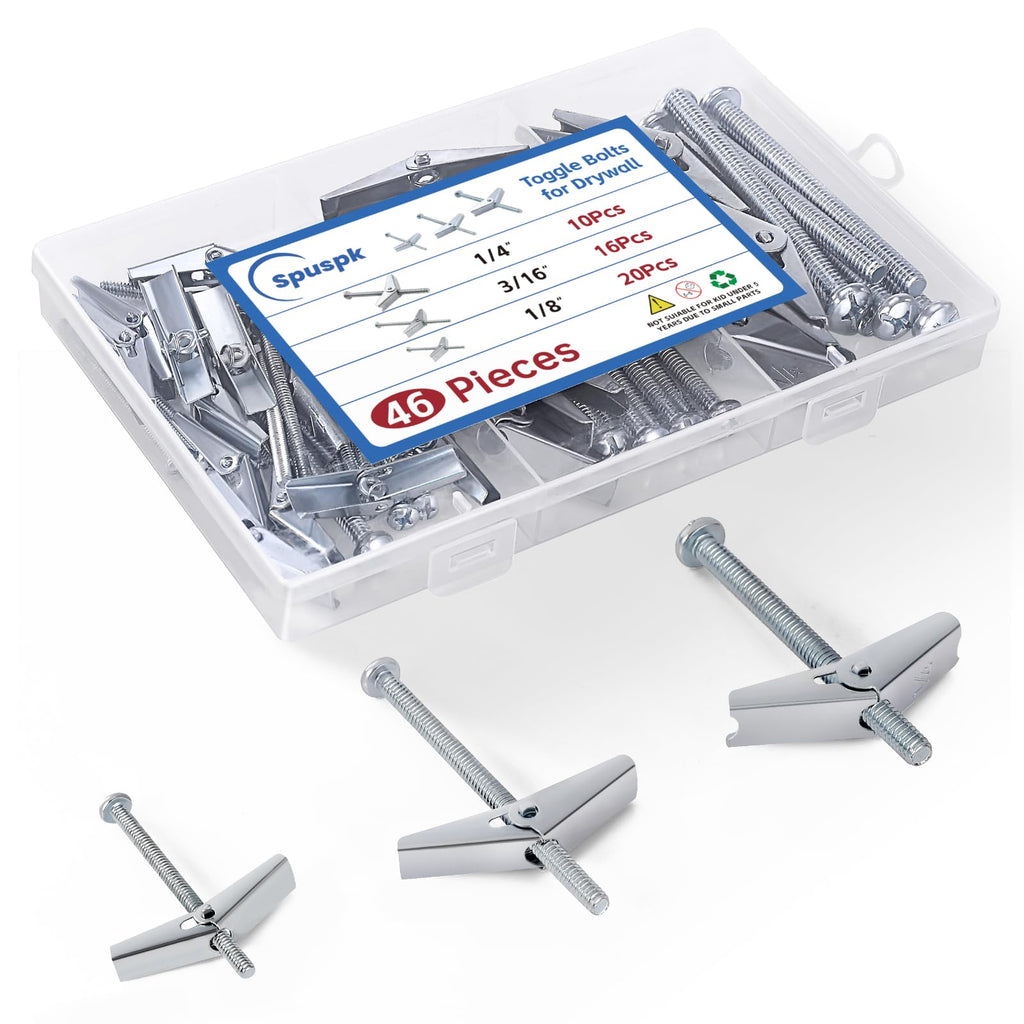 46Pcs Heavy Duty Drywall Anchors, Toggle Bolts and Wing Nut Kit,Dry Wall Anchors and Screws Kit,3 Sizes(1/8in, 3/16in, 1/4in) Butterfly Anchors for Ceiling,Sheetrock,Hollow Wall