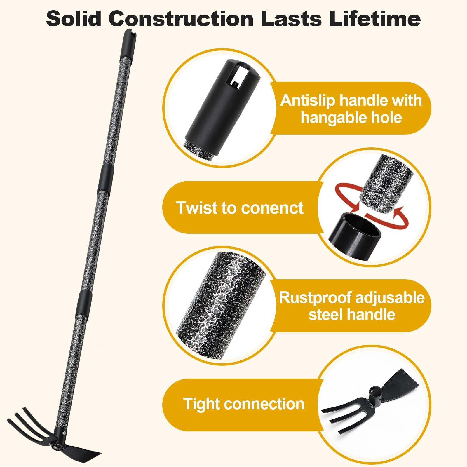 Garden Tool Hoe and Cultivator Hand Tiller with 45inch Adjustable Handle,Heavy Duty Garden Rake with Hoe, Hand Garden Tools Sturdy Sharp