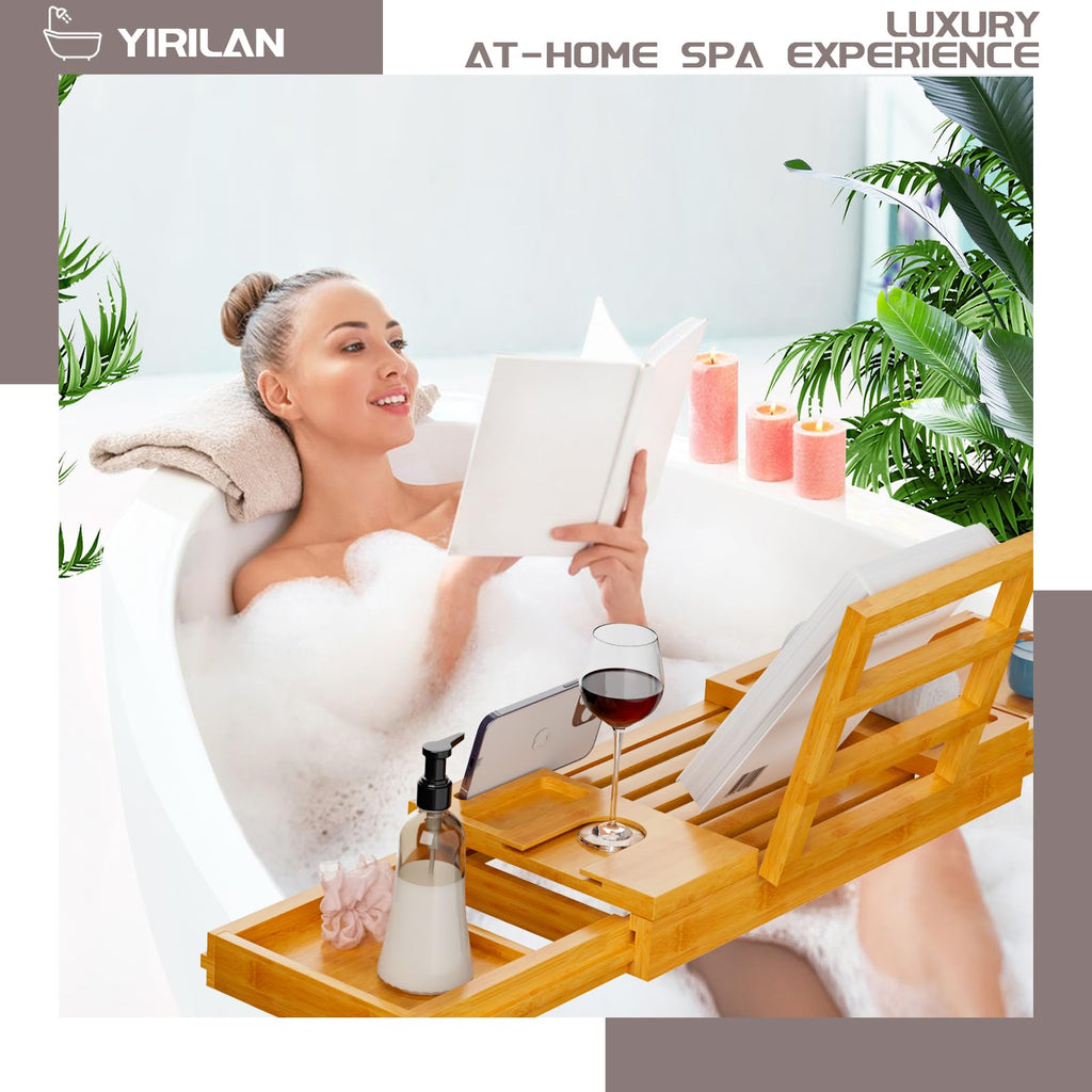 Yirilan Bamboo Bathtub Tray, Expandable Bath Tray for Tub, Bathroom Trays for Bathtub, Bathtub Caddy, Gift for Loved Ones (Bamboo)
