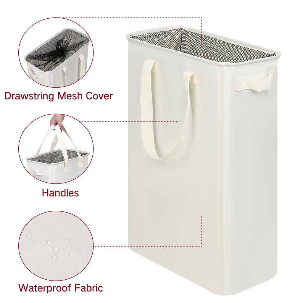 efluky Slim Laundry Hamper with Handles, Collapsible Small Hamper for Laundry, Dirty Clothes Basket for Bedroom, Dorm and Laundry Room, 48L (12.7 Gallon) Beige