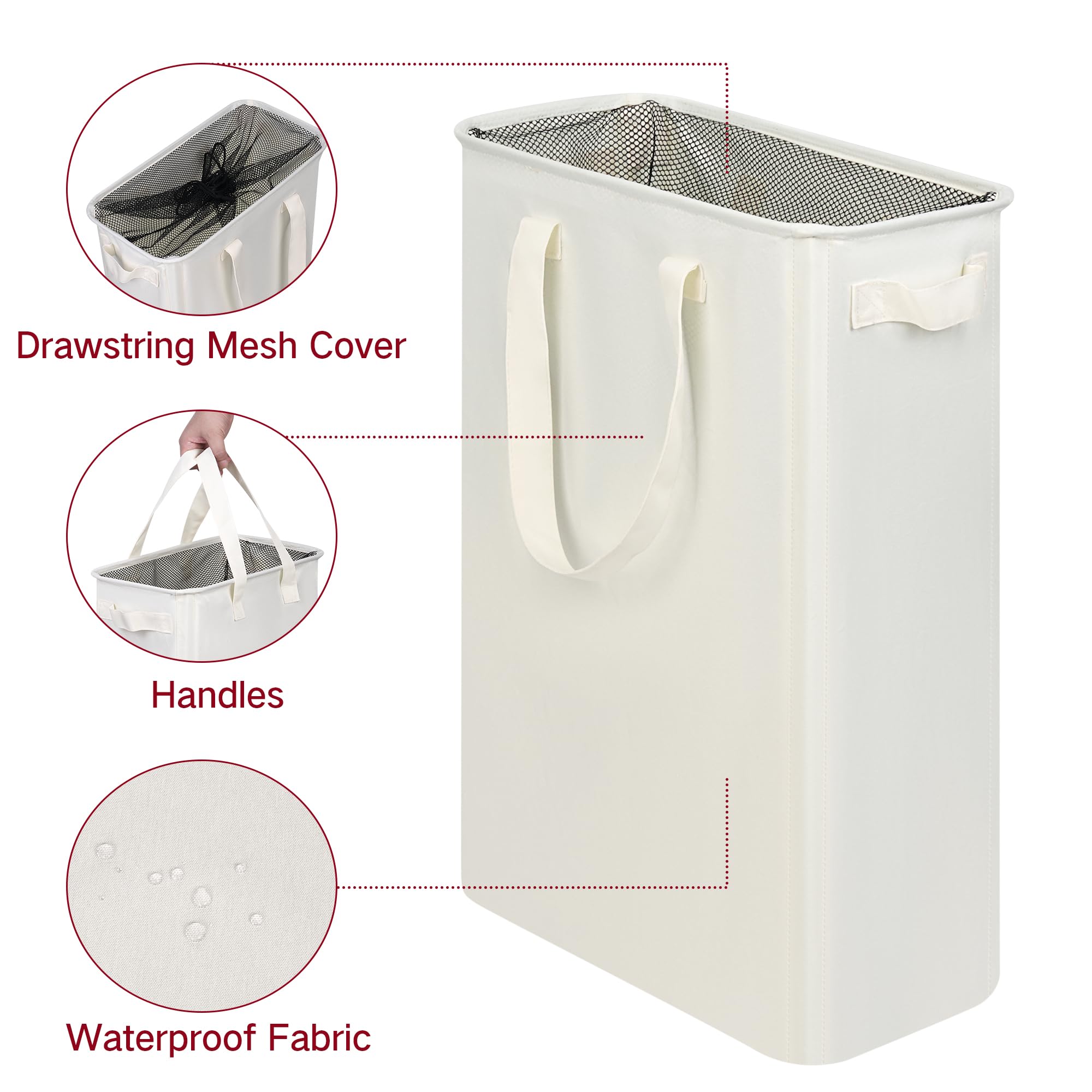efluky Slim Laundry Hamper with Handles, Collapsible Small Hamper for Laundry, Dirty Clothes Basket for Bedroom, Dorm and Laundry Room, 48L (12.7 Gallon) Beige