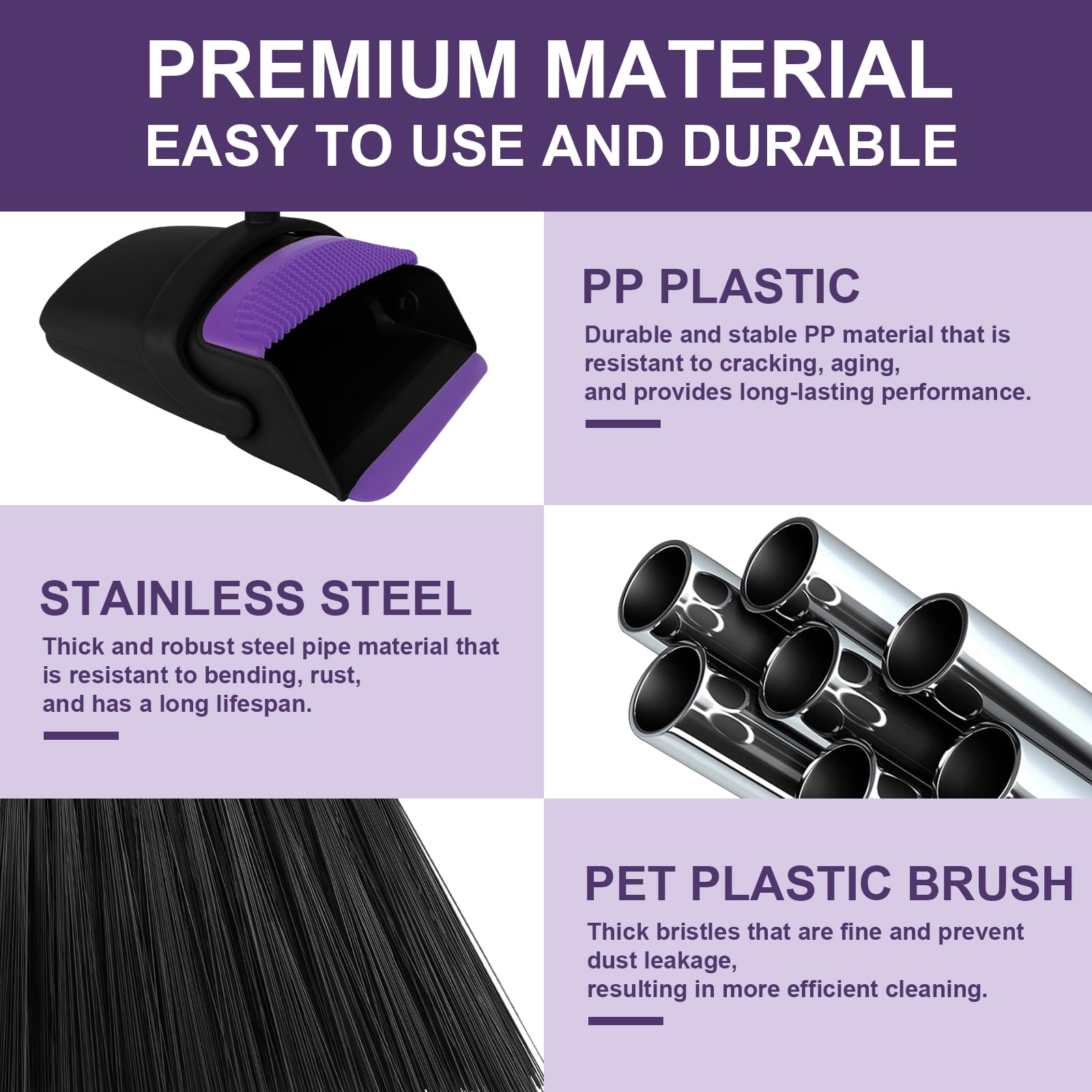 UDUK Broom with Dustpan Combo Set Upright, 51” Long Handle with Comb Teeth,Broom and Dustpan for Dog Cat Pets Home Kitchen Room Lobby Use, Normal, Purple
