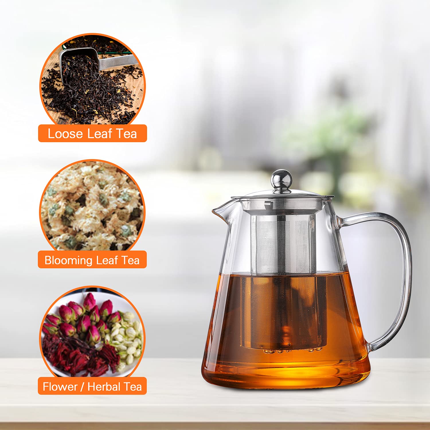 Glass Teapot with Stainless Steel Infuser,for Blooming Tea, Loose Tea, (43oz,1.3L) Holds 4-6 Cups, JOYEUX Glass Tea Pot Set, Stovetop & Dishwasher Safe