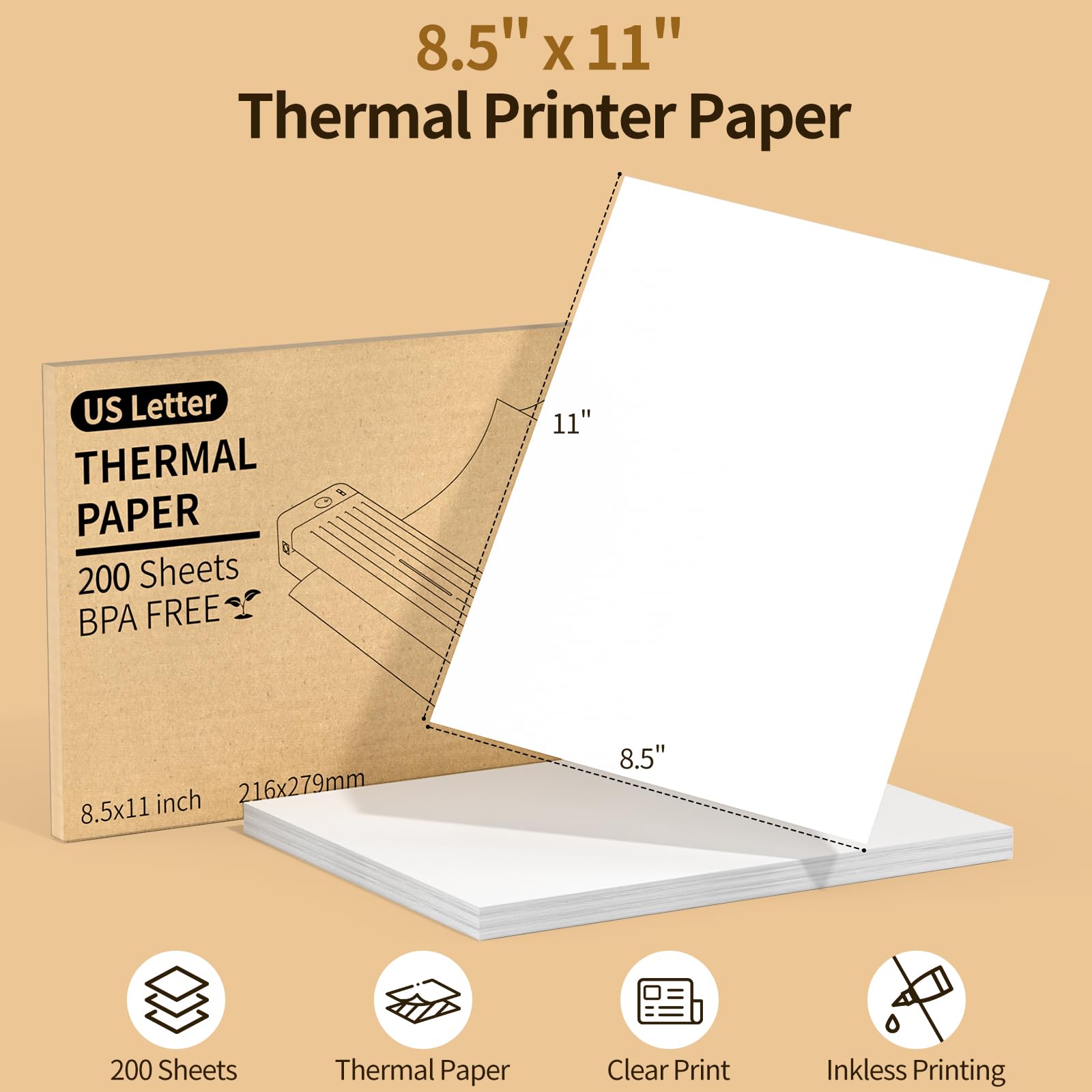 Thermal Printer Paper 8.5 X 11, 200 Sheets Folding Thermal Paper Use for Homework, Contracts and Invoices, US Letter Size Thermal Paper Compatible with M08F, M832, M834, MT800, MT800Q