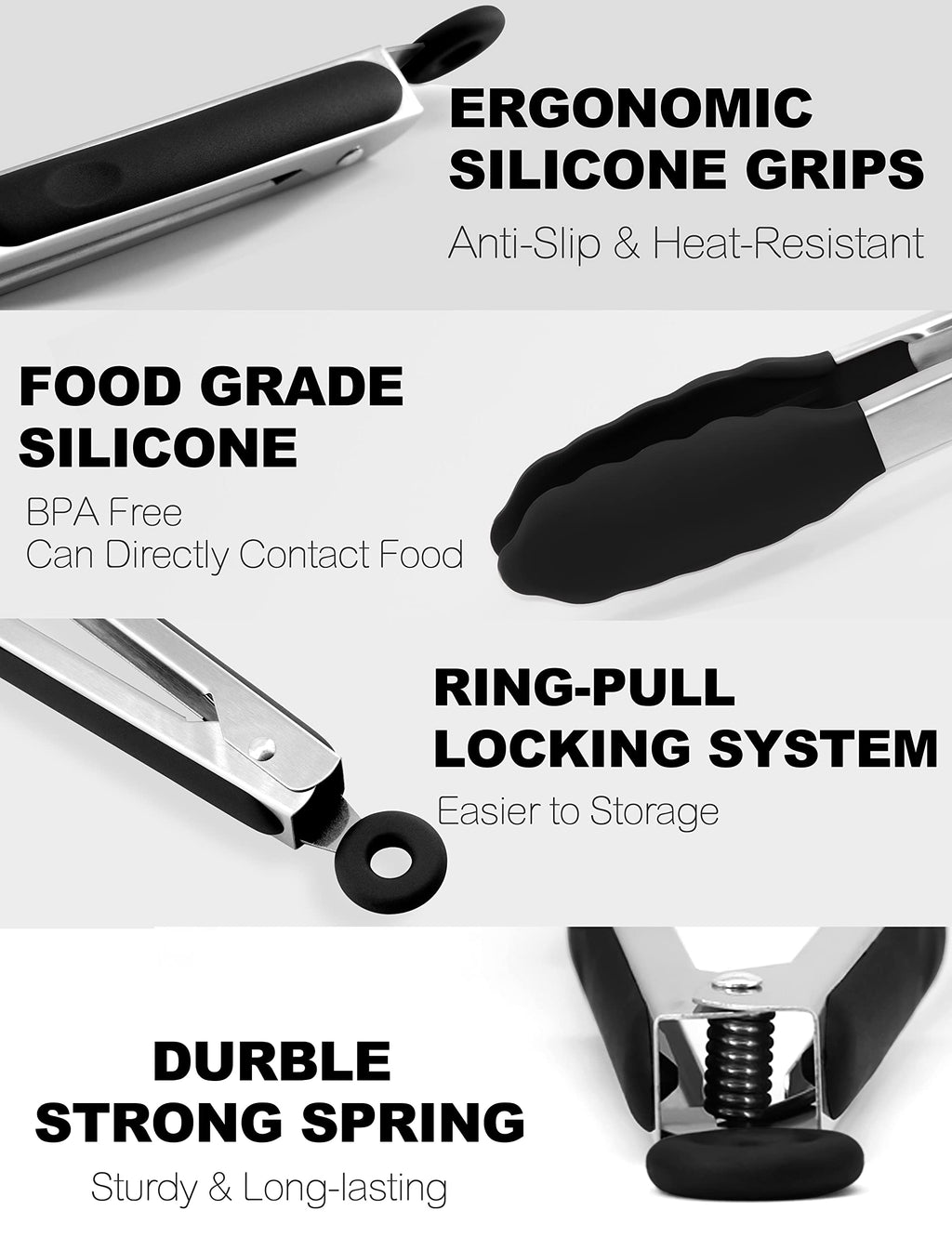 Anaeat Non-Stick Silicone Locking Tong Set of 3 - Stainless Steel 7", 9", 12" Kitchen Food Tongs with Non-Slip Silicone Tips and Grip for Baking, Cooking and BBQ - Heat Resistant up to 480°F (Black)