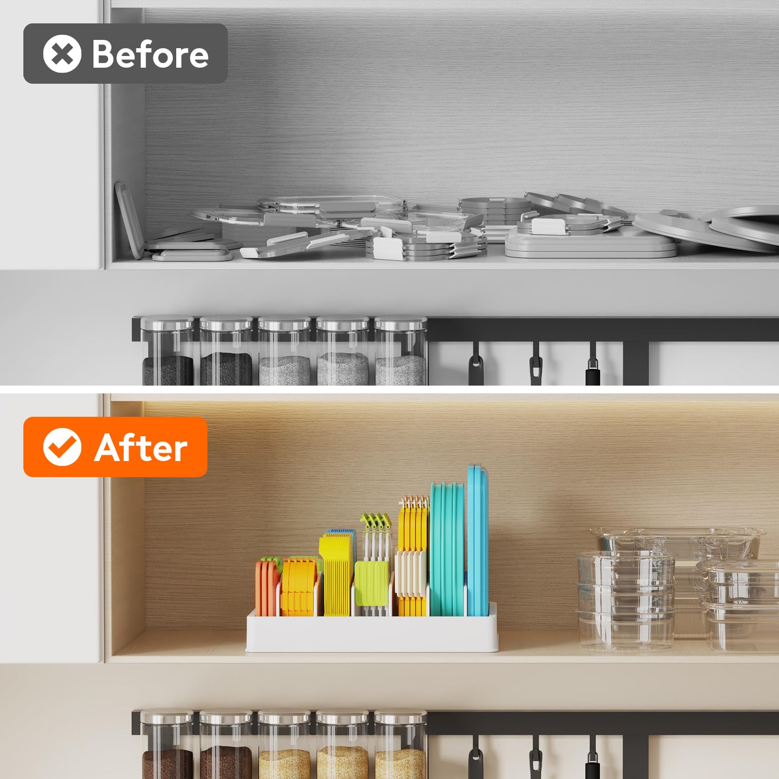 Lifewit Plastic Lid Organizers for Inside Cabinet, Food Storage Container Lids Holder with 5 Inserts & 6 Adjustable Sections, Plates, Bowls Storage for Deep Drawer in Kitchen, 13" x 10"