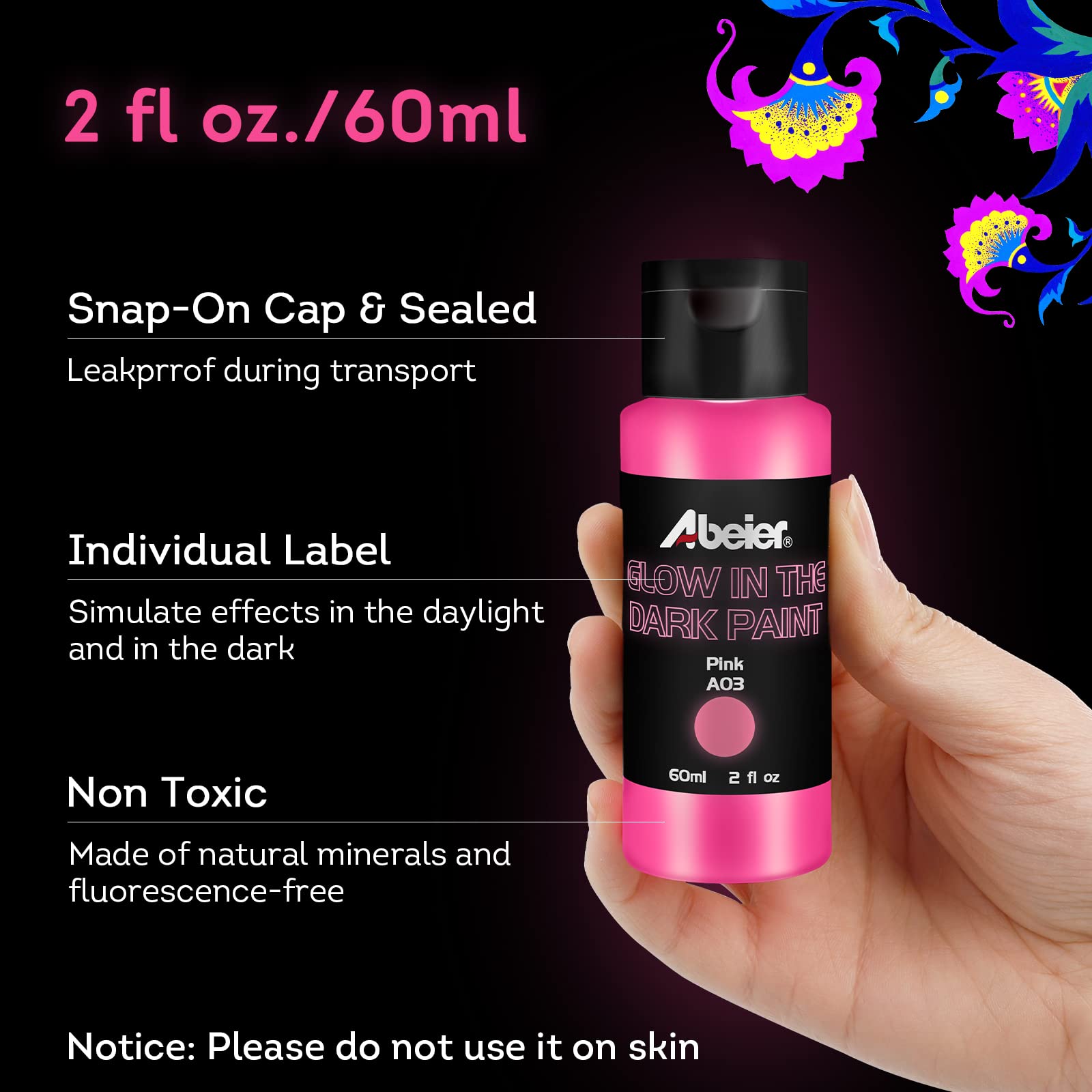 ABEIER Glow in the Dark Acrylic Paint, 10 Bright Colors (60ml/2oz) blacklight Paint, Neon Craft Paint, Long Lasting Glow Fluorescent Paint Ideal for DIY Projects Halloween Easter Christmas Decorations