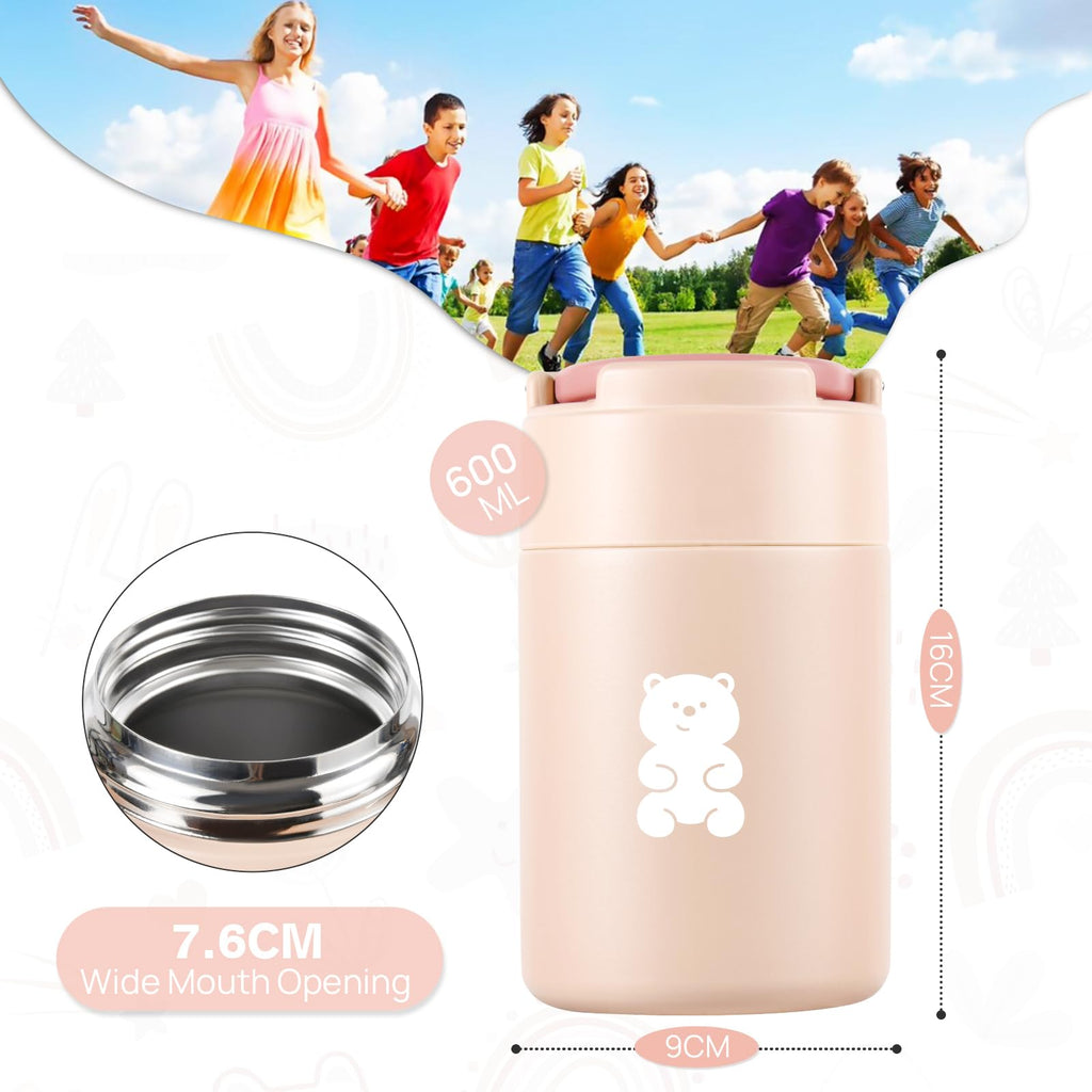 Thermo Food Container - 600ML Insulated Lunch Box with Foldable Fork& Spoon, Leak Proof Food Thermo, Portable Wide Mouth Soup Container for Outdoors, Indoors, Office, Picnic (Pink)