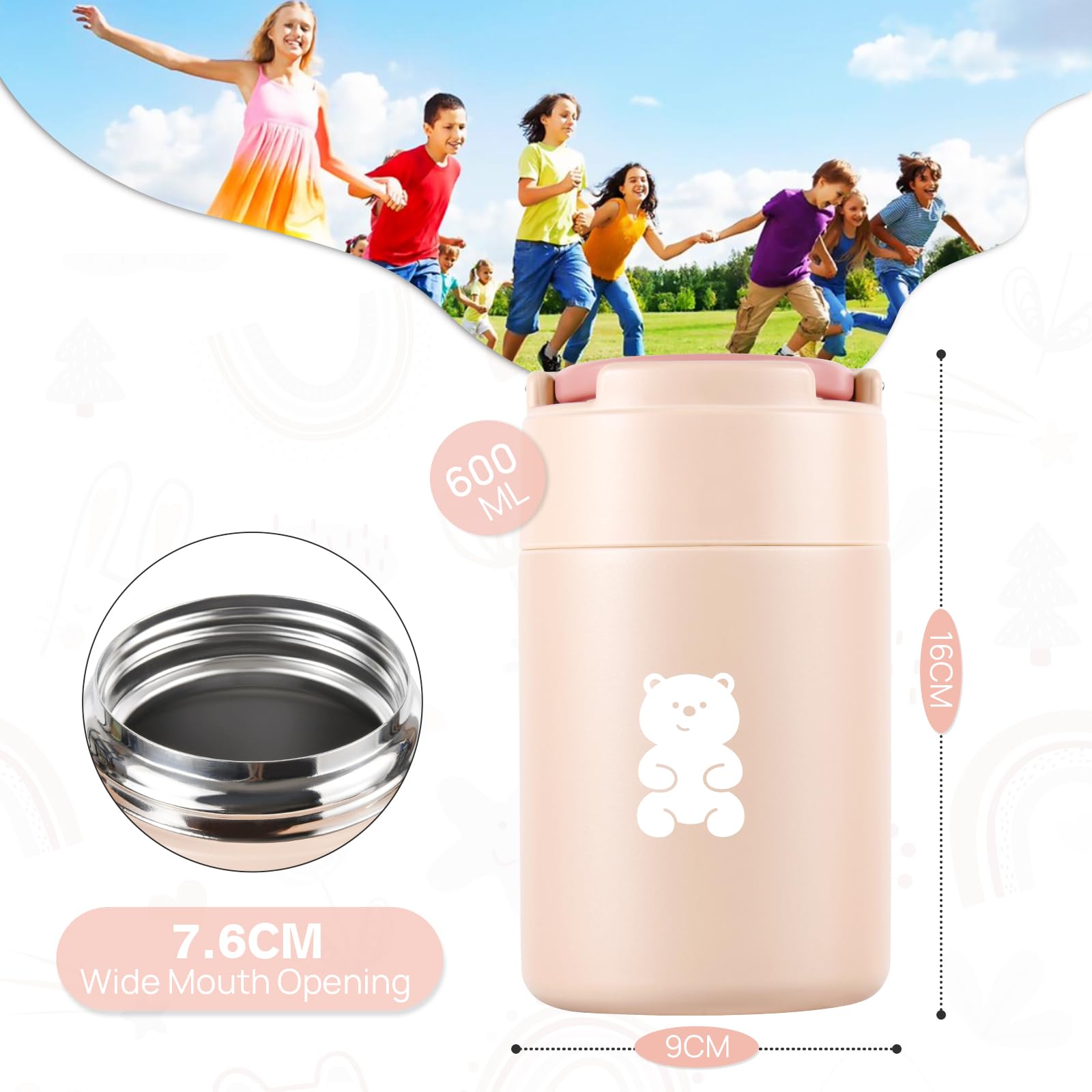 Thermo Food Container - 600ML Insulated Lunch Box with Foldable Fork& Spoon, Leak Proof Food Thermo, Portable Wide Mouth Soup Container for Outdoors, Indoors, Office, Picnic (Pink)
