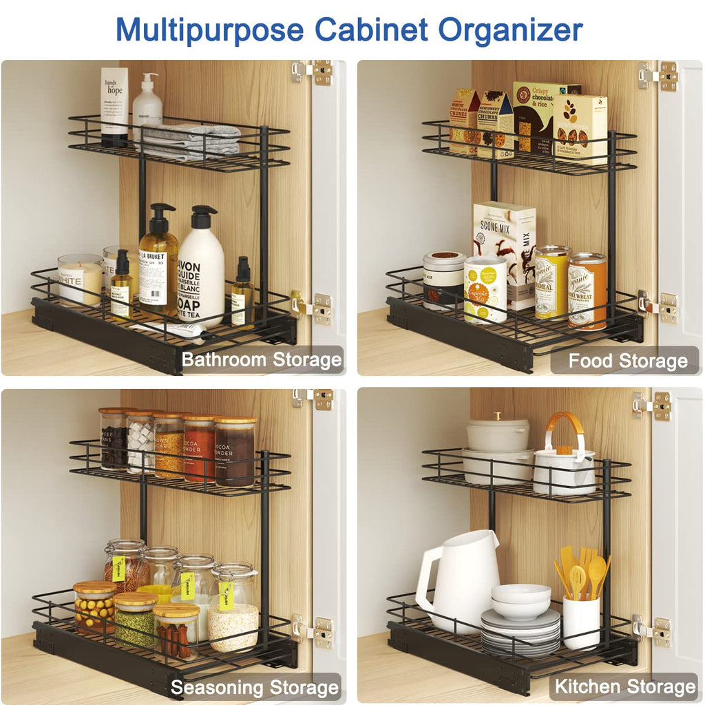 FANHAO Pull Out Cabinet Organizer, 2 Tier Wire Basket Under Sink Slide Out Storage Shelf with Sliding Drawer Storage - 10.43W x 17.32D x 14.56H, Request at Least 12 inch Cabinet Opening, Matte Black