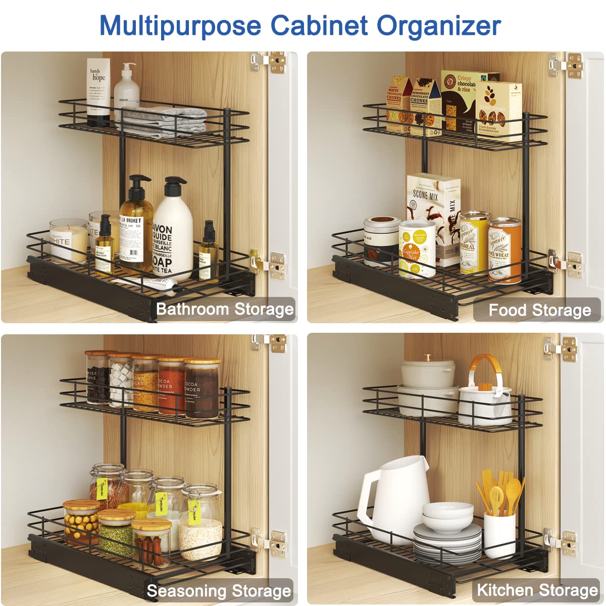 FANHAO Pull Out Cabinet Organizer, 2 Tier Wire Basket Under Sink Slide Out Storage Shelf with Sliding Drawer Storage - 10.43W x 17.32D x 14.56H, Request at Least 12 inch Cabinet Opening, Matte Black