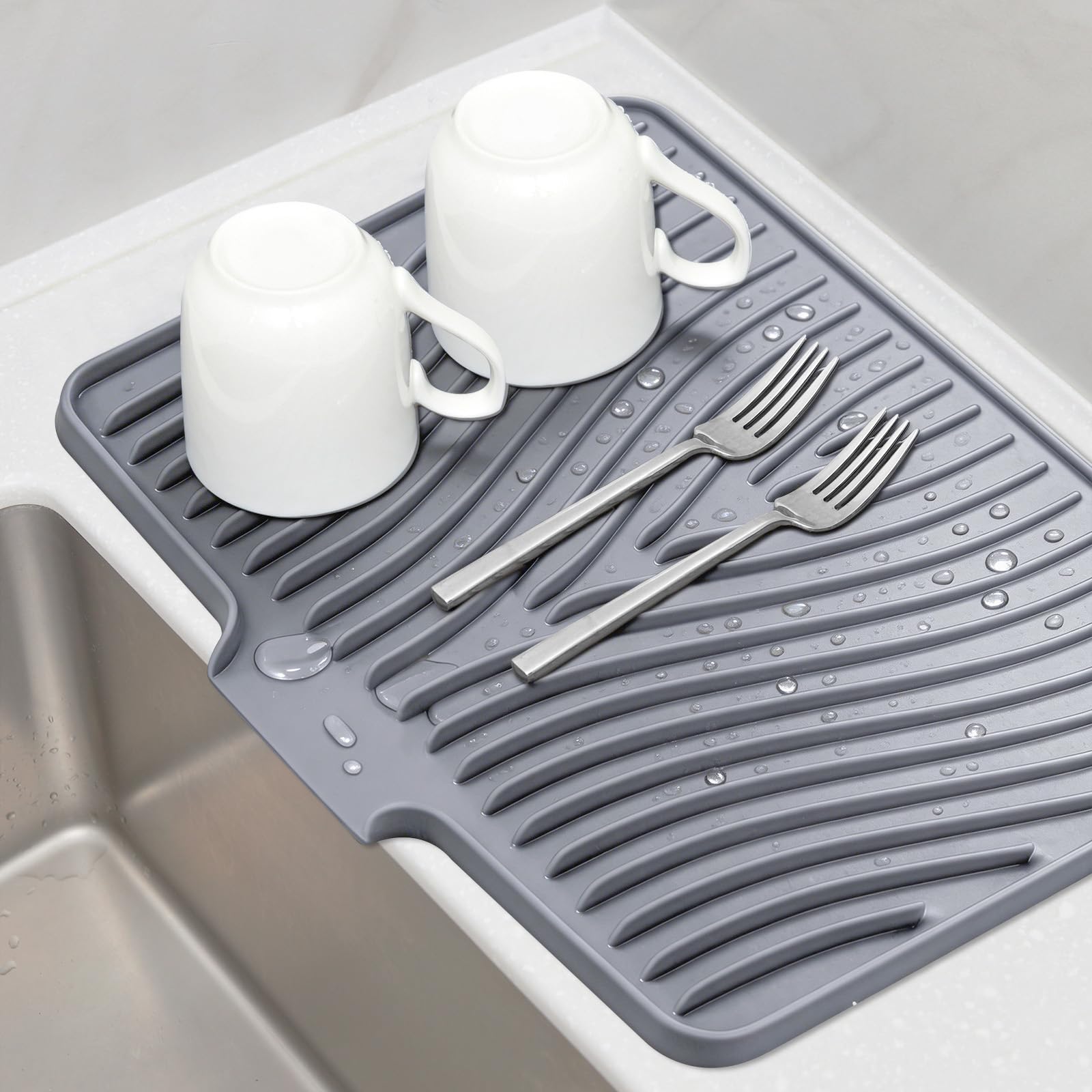 TIKNIK Silicone Dish Drying Mat for Kitchen Counter, Dish Drying Pad, Non-Slip Drain Pad with Built-in Drain, Heat Resistant Stone Drying Mat (16" x 12" / 40 x 30cm, Grey)