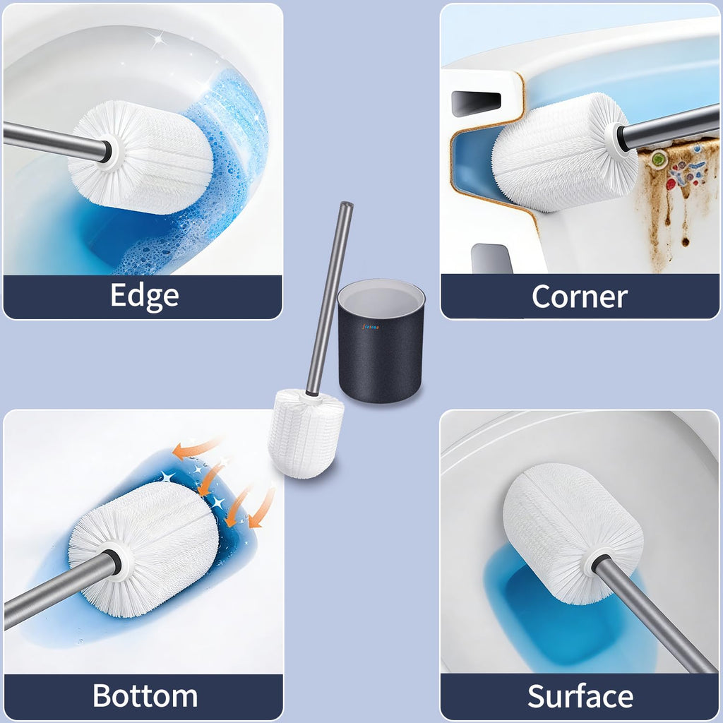 FIESONO Toilet Brush and Holder Set, Toilet Bowl Brush with Stainless Steel Light Brush Handle, Soft Bristle, Wall Mounted/Floor Standing for Bathroom Space Saving