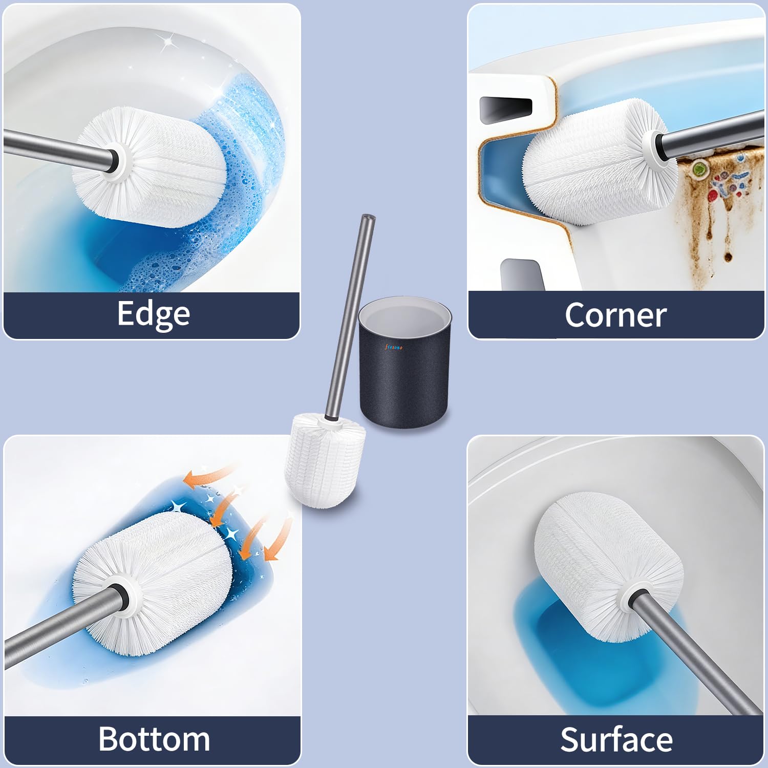 FIESONO Toilet Brush and Holder Set, Toilet Bowl Brush with Stainless Steel Light Brush Handle, Soft Bristle, Wall Mounted/Floor Standing for Bathroom Space Saving