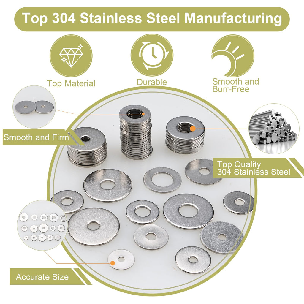 Toolly Large Penny Fender Washers, 225 Pieces 15 Sizes Alloy Steel Flat Washers Set Washers Hardware Assortment -M3 M4 M5 M6 M8 M10 M12
