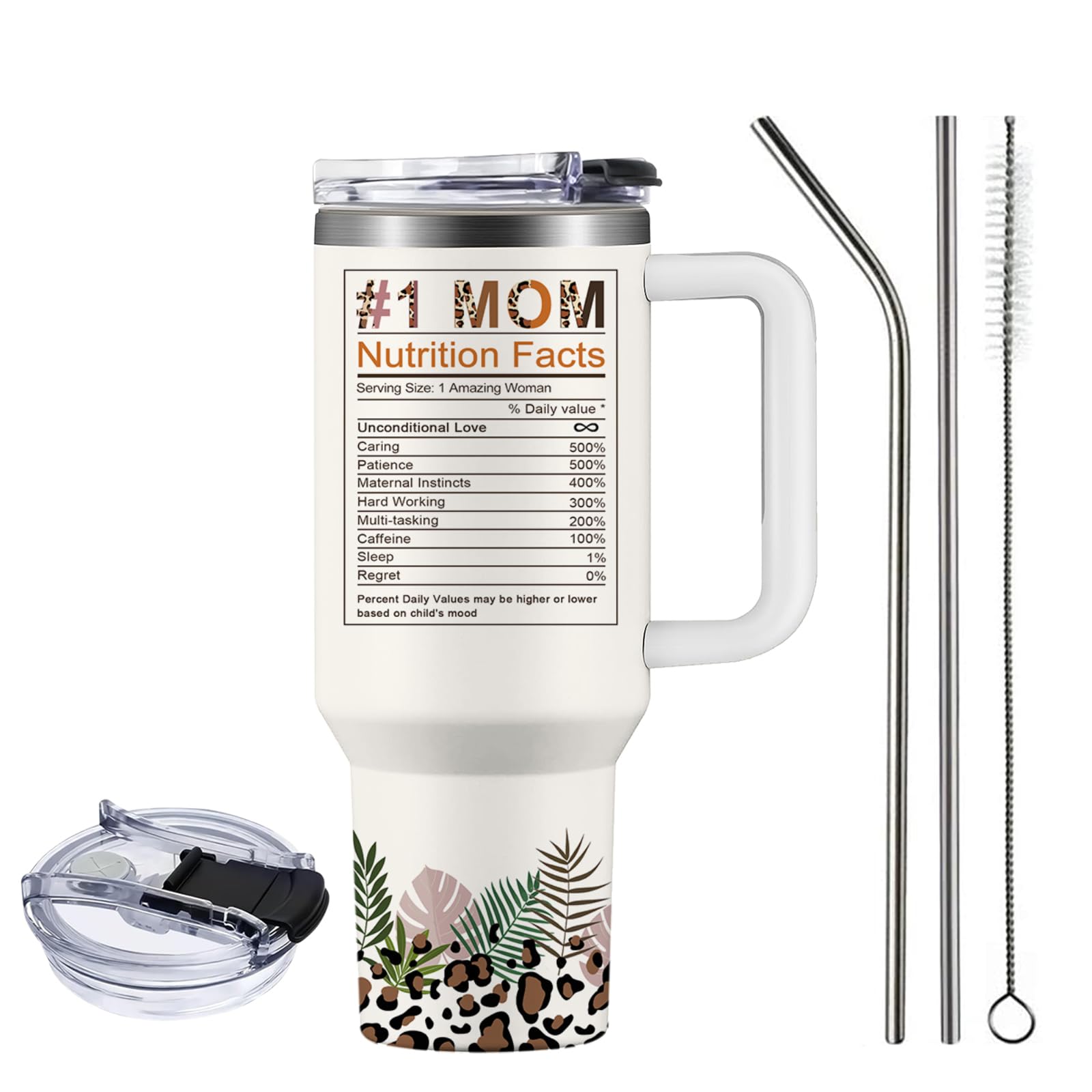Mom Gifts for Best Mom Ever Tumbler, Birthday Gifts for Moms Tumbler with Handle, Mothers Day Gifts for Mama Mug Large, 40oz Moms Nutrition Facts Cup, Leopard Print