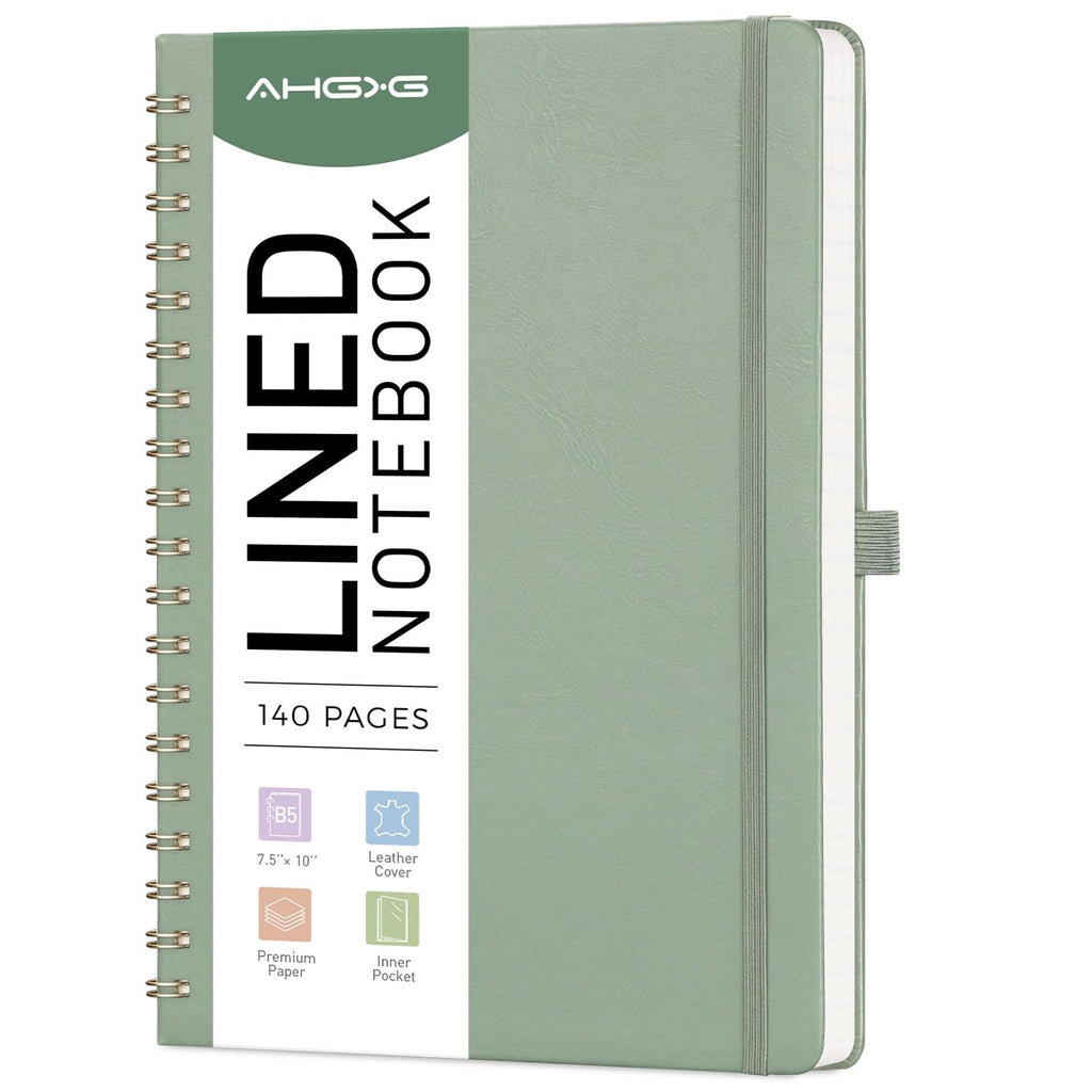 AHGXG Lined Spiral Journal Notebook, B5 Large College Ruled Journals for Women Men，Hardcover Leather Notebooks for School Work Note Taking, 140 Numbered Pages, 100 GSM Paper, 7.6" x 10", Sage Green