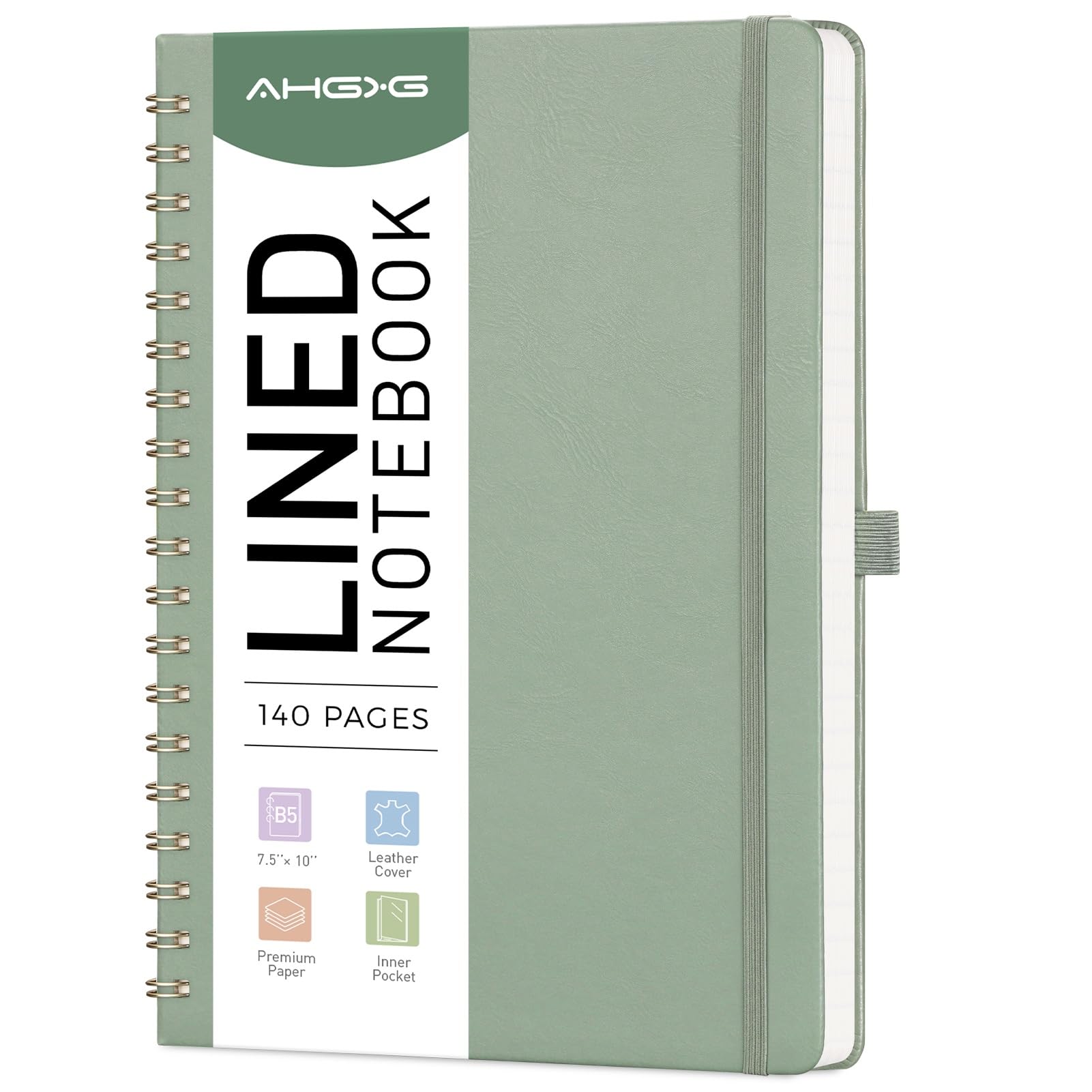 AHGXG Lined Spiral Journal Notebook, B5 Large College Ruled Journals for Women Men，Hardcover Leather Notebooks for School Work Note Taking, 140 Numbered Pages, 100 GSM Paper, 7.6" x 10", Sage Green
