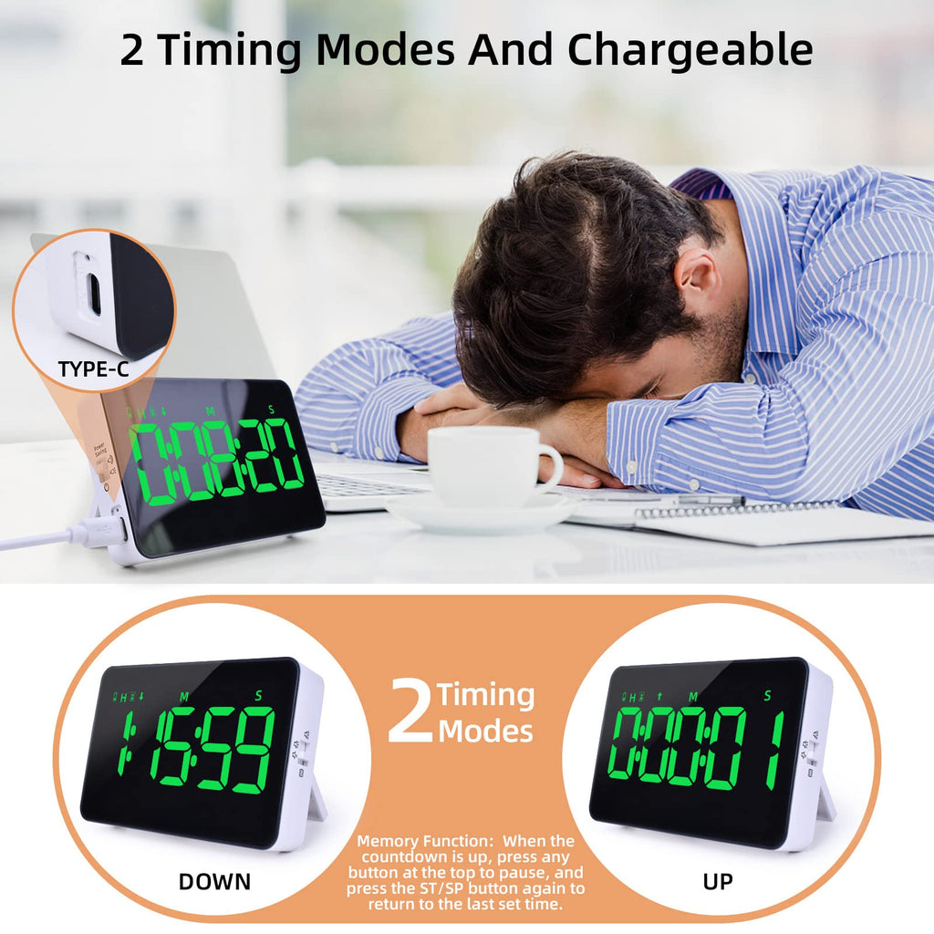 Digital Kitchen Timer-Magnetic Rechargeable Cooking Timers Countdown/up with 5”LED Display 3 Brightness 4 Volume Adjustable for Classroom Office Study Home Work Fitness Facial Game for Seniors & Kids