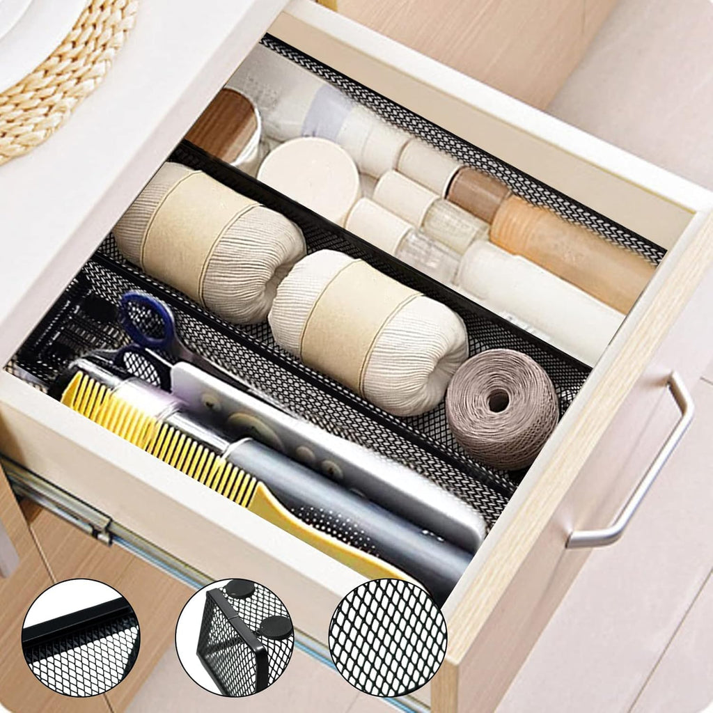 Chris.W 6 Pack Silverware Organizer for Kitchen Drawer, Metal Mesh Tray with Interlocking Arm Connection, Flatware Organizer Bin, Cutlery Tray, Black Wire Office Desktop Organizer Basket (S)