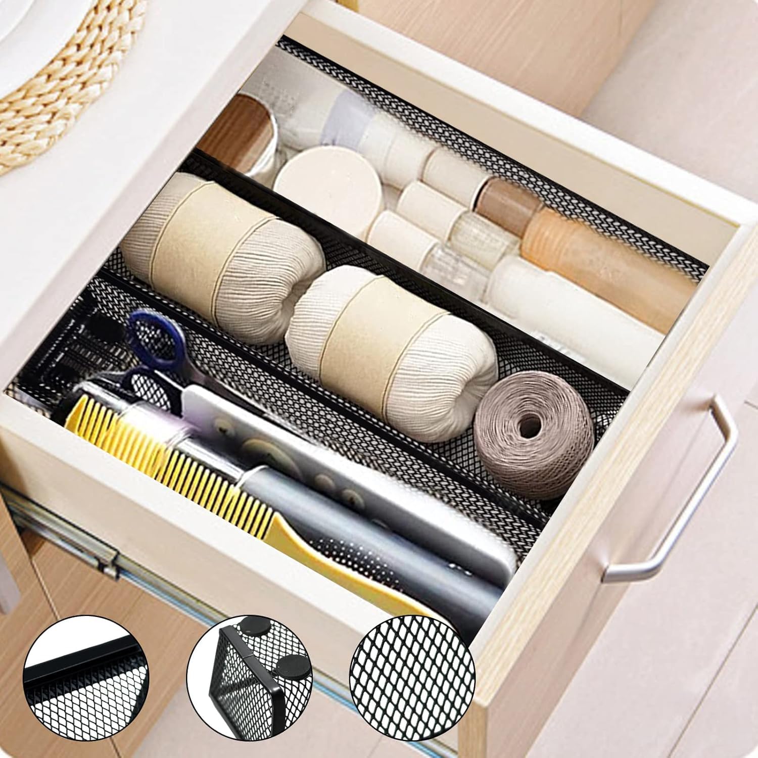 Chris.W 6 Pack Silverware Organizer for Kitchen Drawer, Metal Mesh Tray with Interlocking Arm Connection, Flatware Organizer Bin, Cutlery Tray, Black Wire Office Desktop Organizer Basket (S)