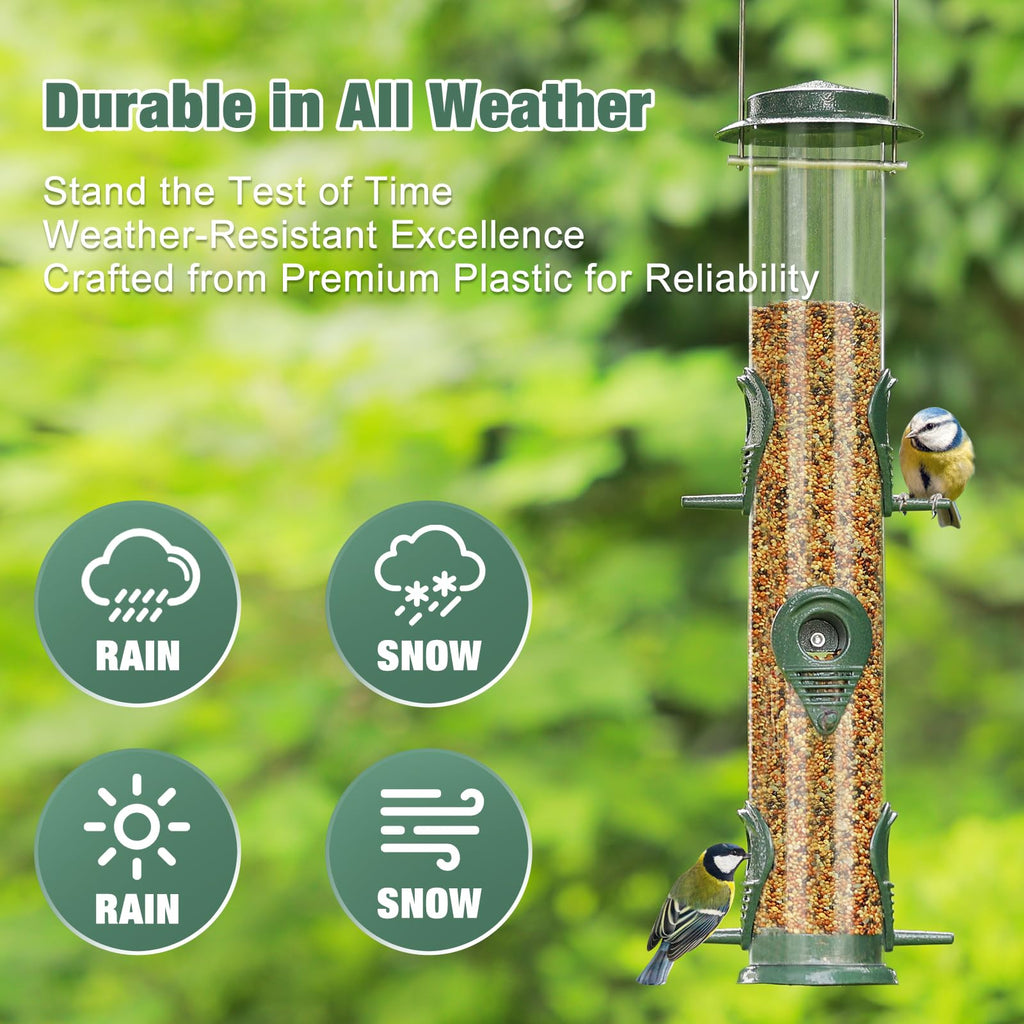 ERYTLLY Metal Bird Feeders 6 Port Tube Bird Feeder for Wild Birds, 1.4mm Extra Thick Solid Tube Transparent with Steel Hanger Bird Feeders Squirrel Proof for Outside Green